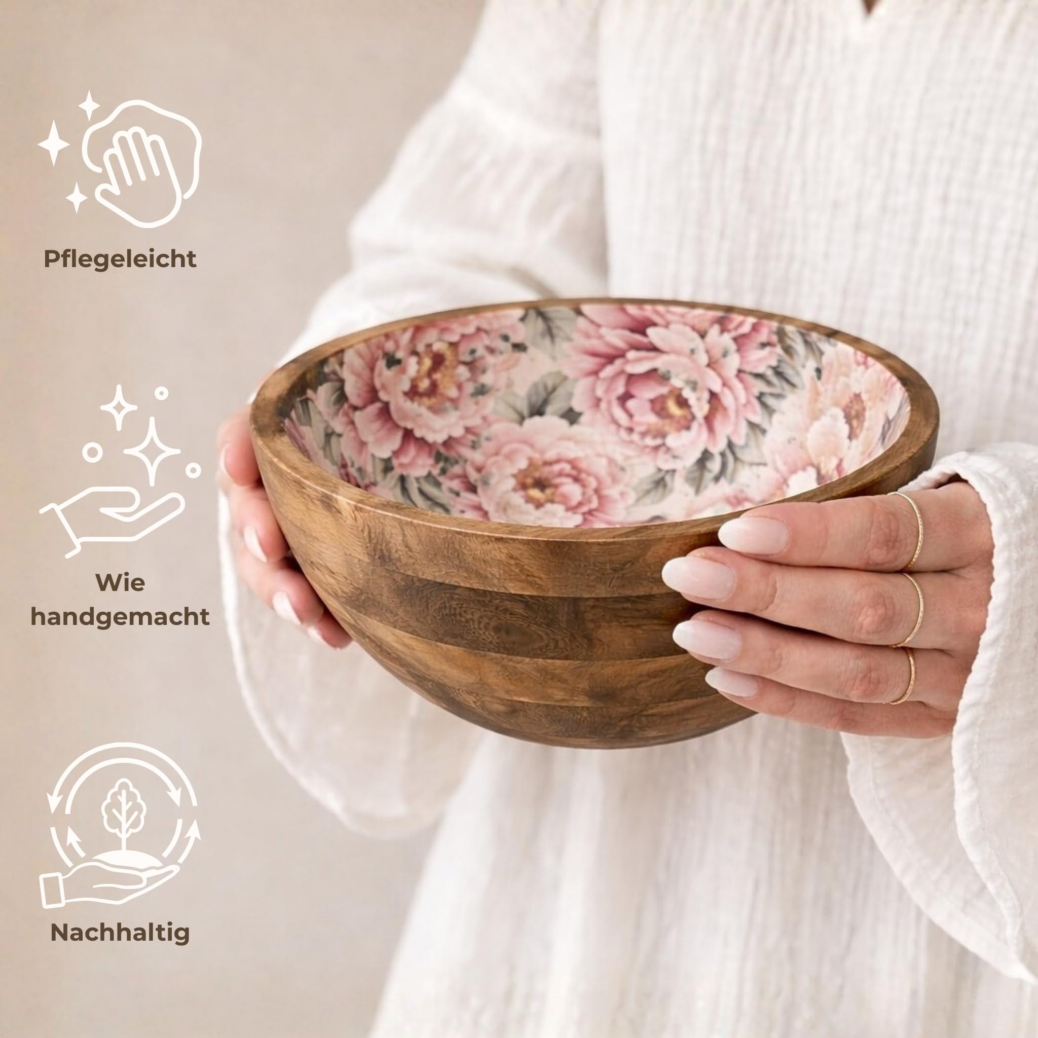Salat-Set Salatschüssel & Salatbesteck mit Rosen-Design - Servierset aus Holz für Salat & Obst