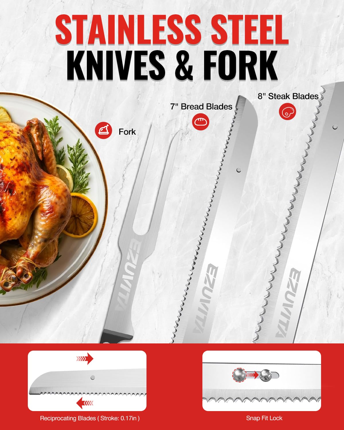 Couteau Électrique sans Fil 8V, Couteau Cuisine Électrique avec 2 Lames, Fourchette, Batterie Remplaçable 2000mAh, Lavable au Lave-vaisselle, Couteau à Pain Électrique pour Viande, Pain—Rouge