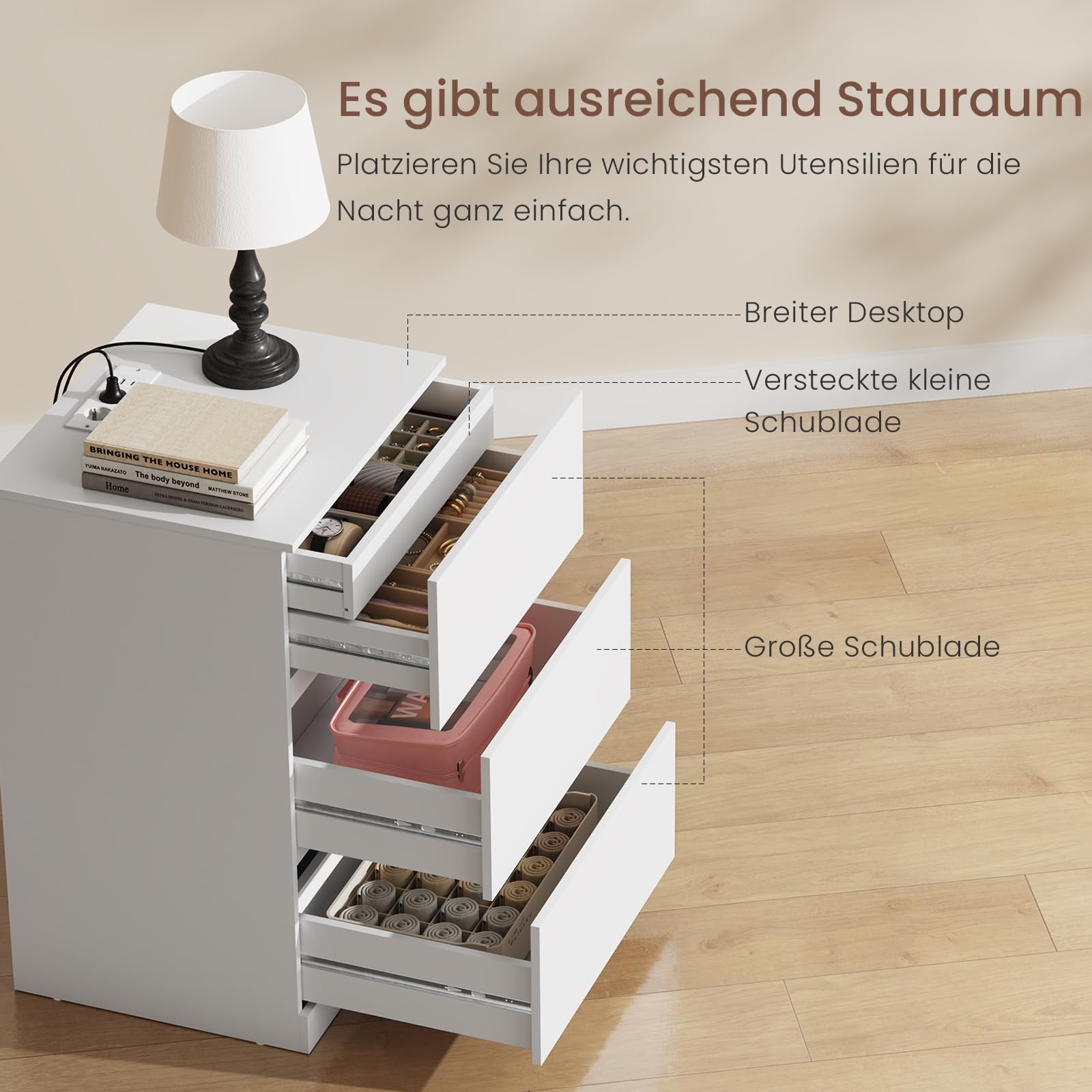 Asgolion Nachttisch mit Steckdosenleiste, Beistelltisch, mit versteckter Schublade, 4 Schubladen, 2 AC-Steckdosen, 1 USB-A-Anschluss, 1 USB-C-Anschluss, modern, Weiß EU25NS661W