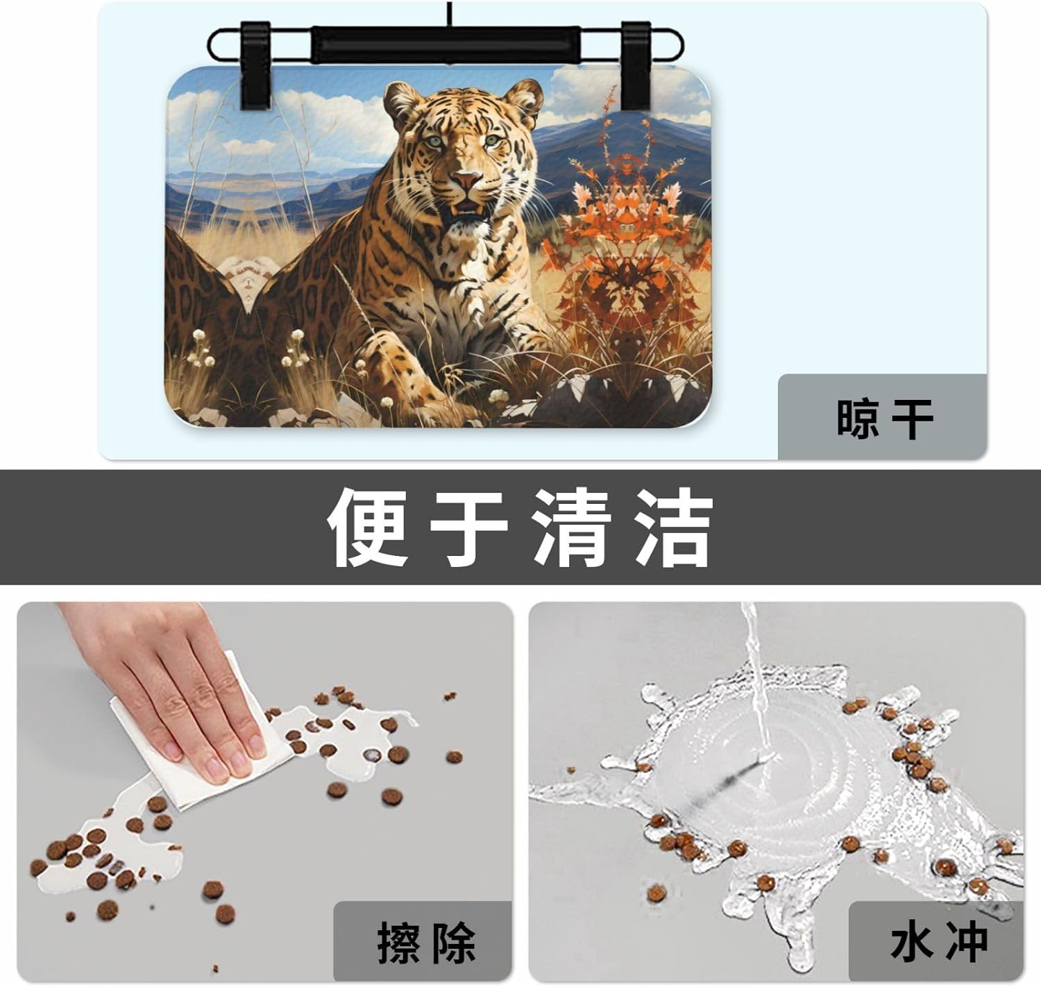40x60cm Pet Absorbent Feeding Mat - Leopard in Search of Prey Print Leather Non-Slip Placemat, for Dog Cat Food and Water Bowl Pads