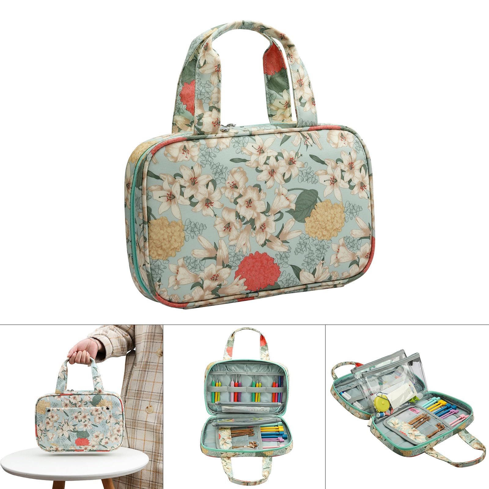 Itkcozcg Crochet Hook Case Knitting Needle Case with Double Handle Crochet Needle Hook Organiser Portable Travel Storage Bag