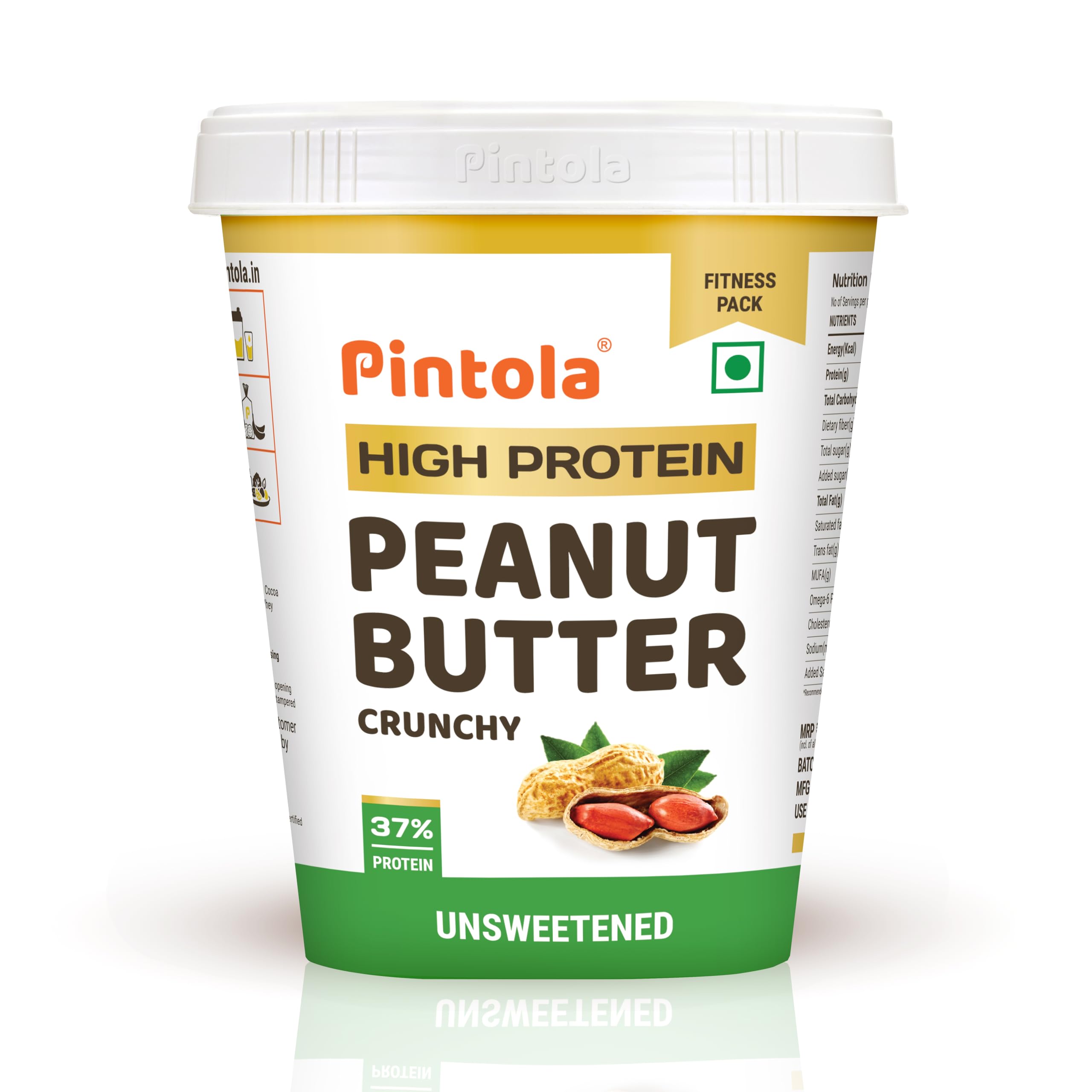 Pintola High Protein All Natural Peanut Butter | Unsweetened | 37g Protein | Imported Whey Protein and Roasted Peanuts (Crunchy, 1kg)