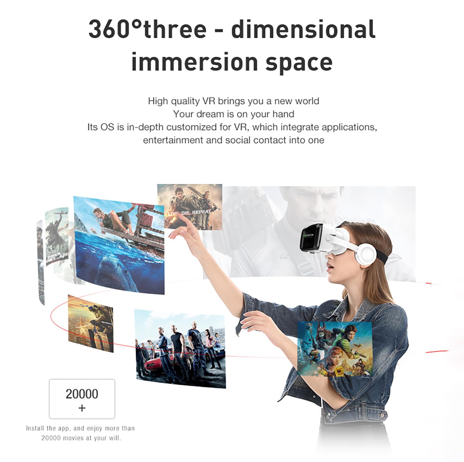 【3D VR Headset mit integrierten Bluetooth-Kopfhörern】Kompatibel mit iOS/Android-Geräten, für iPhone/Samsung-Handys, ideal für Filme und Gaming