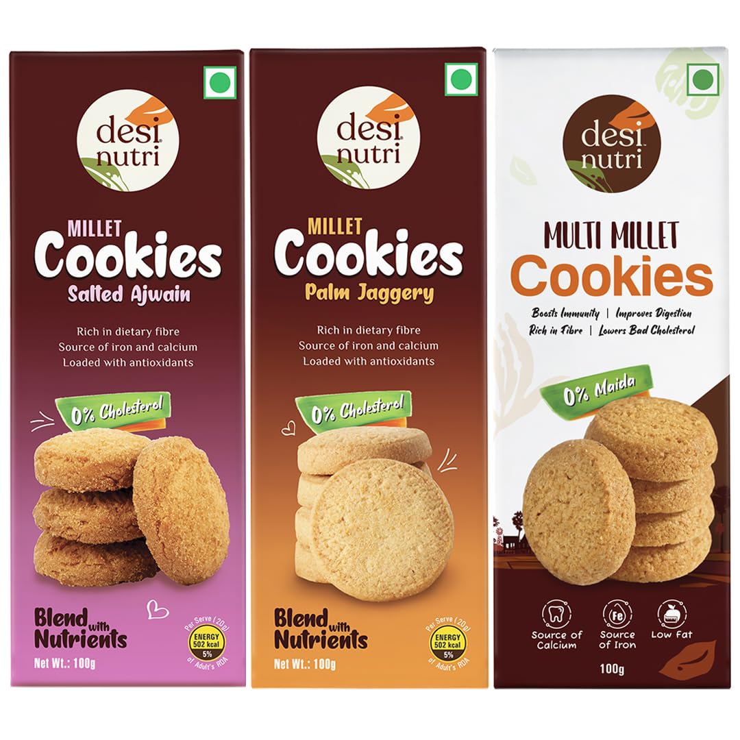 Desi Nutri Multi Millet Ajwain cookies + Palm Jaggery cookies+ Classic Cookies | Wholesome Balance of Taste & Nutrition | Quick Energy | Rich in Calcium Pack of 3-100 gms each - 300 gms (B0CNGJSZN9) Amazon Price History, Amazon Price Tracker