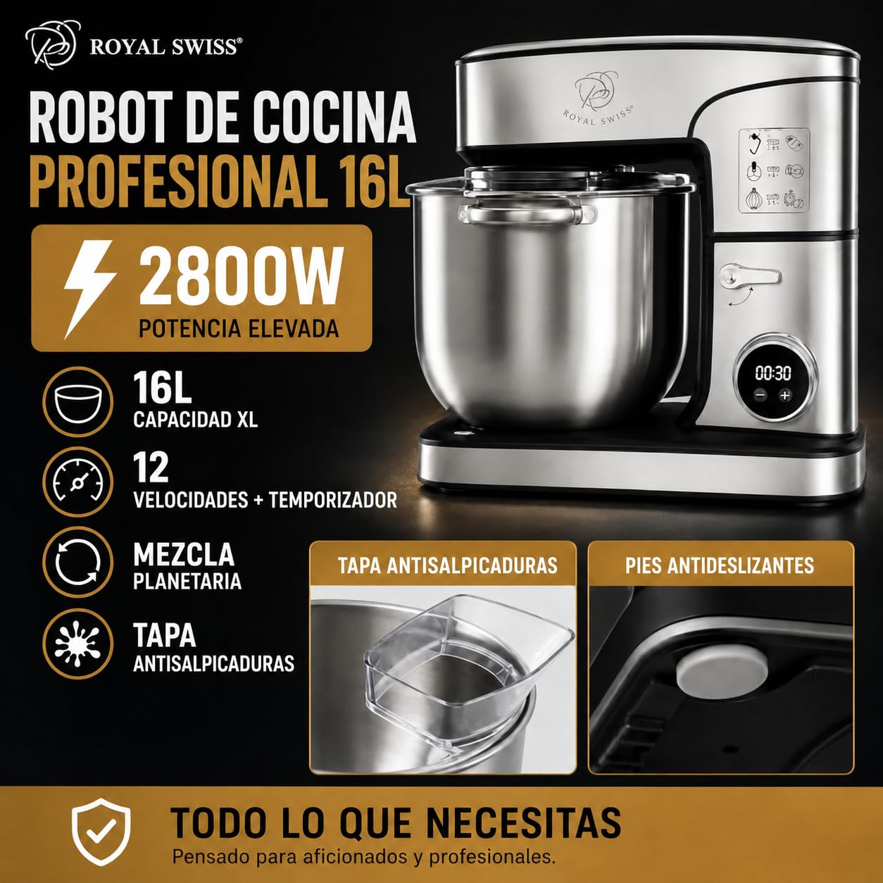 Royal Swiss SC-616DE Amasadora 16 L 2800 W, Robot de Cocina Profesional con Mezcla Planetaria, 12 Velocidades, Pantalla LED, Temporizador, Bol Inox, Gancho, Varillas, Batidor