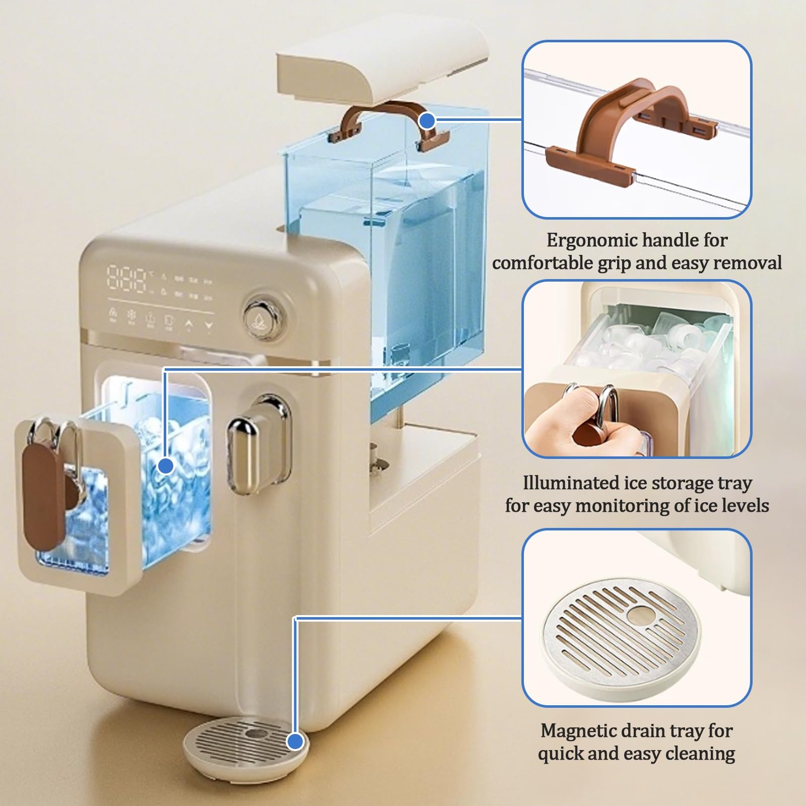 Máquina para hacer hielo de encimera con pantalla de control inteligente, temperatura ajustable y función de agua potable para el hogar, la oficina y las fiestas