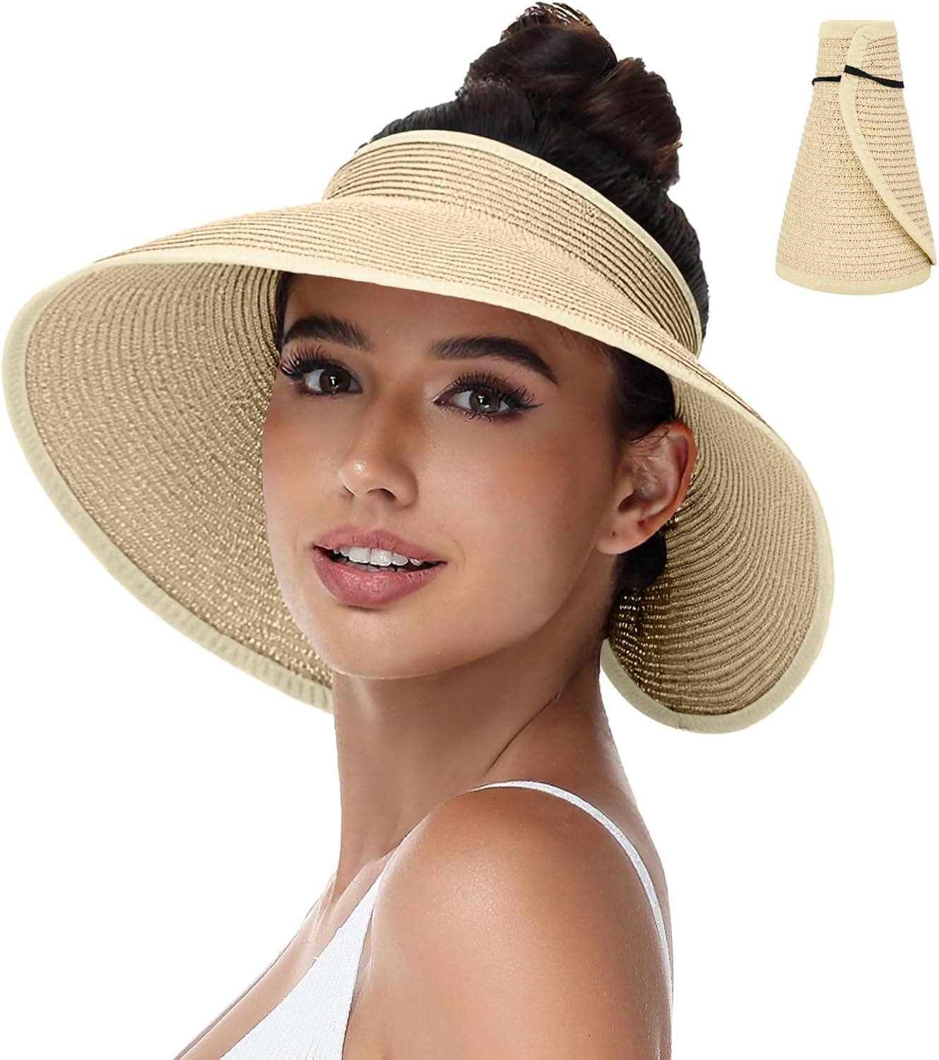 Sun Hats Visor for Women, UV UPF Straw Beach Hat Foldable Wide Brim Ponytail Summer Hats Packable Travel