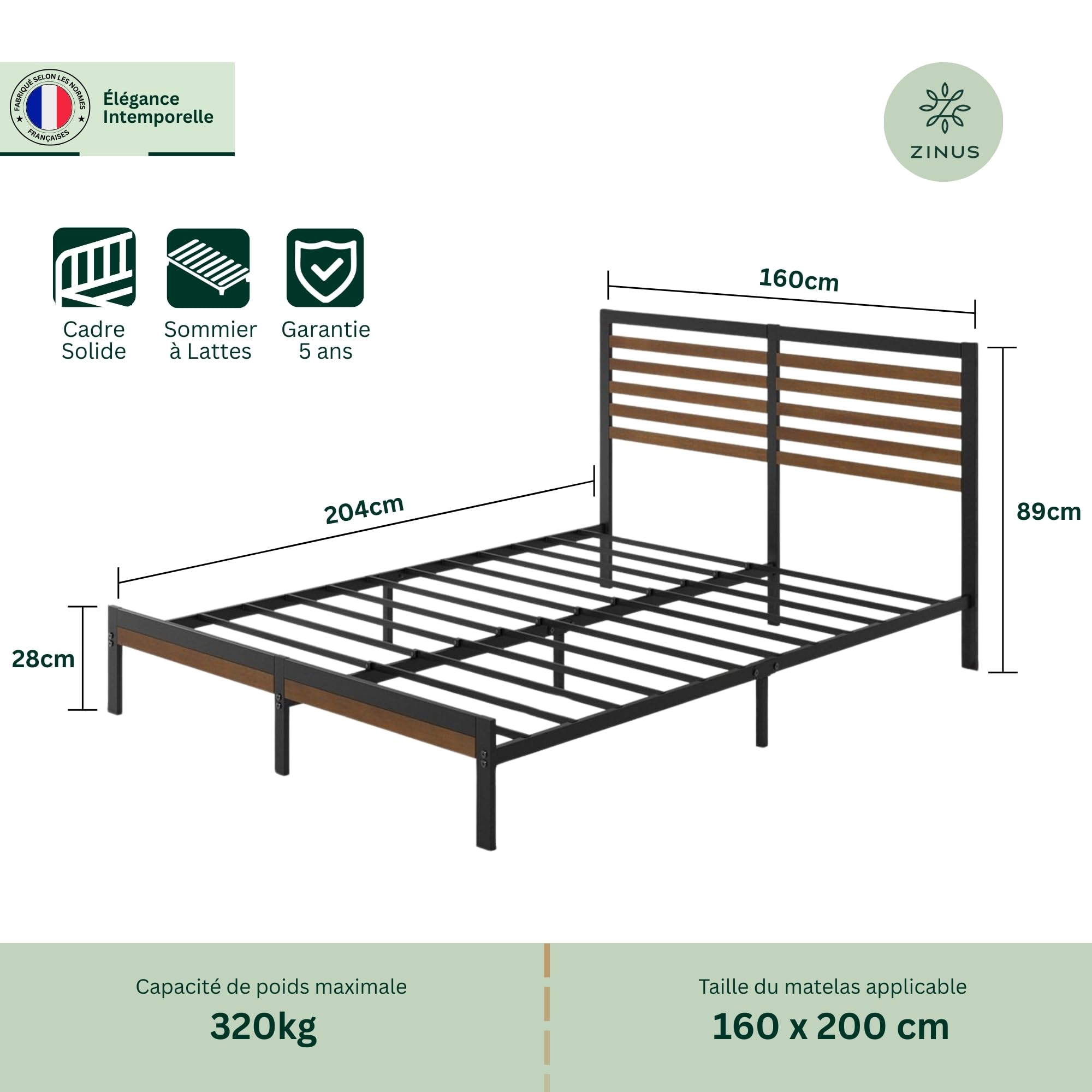 Zinus Kai Łóżko 160 x 200 cm – wysokość 23 cm, łóżko king-size – metalowa rama łóżka bambusowego (brązowo-czarna)