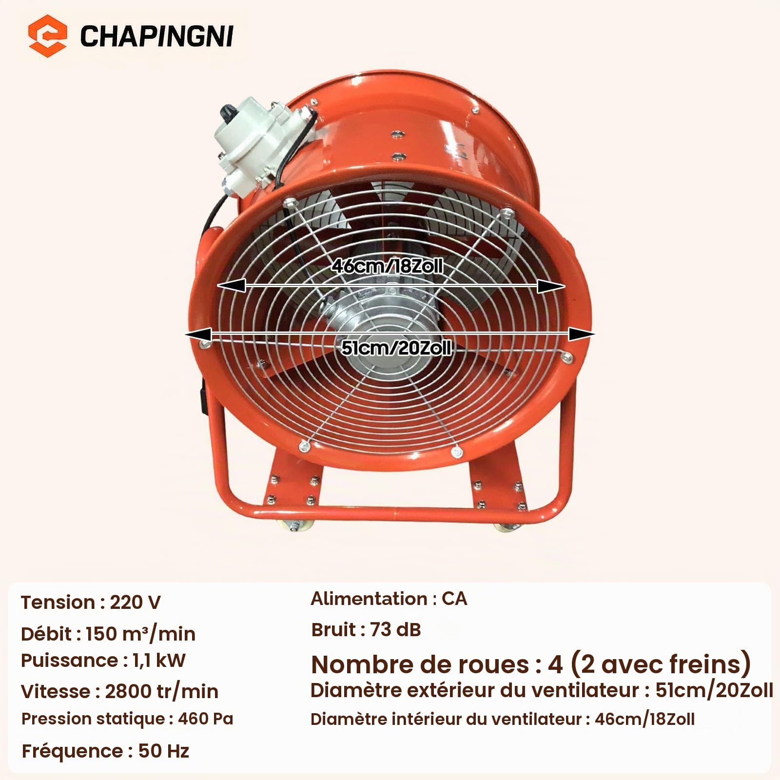 Ventilateur de chantier, 1100 W, 2800 tr/min, 150 m³/min, extracteur de moteur CA de 45,7 cm, ventilateur de construction, ventilateur industriel, ventilateur axial, ventilateur de chantier