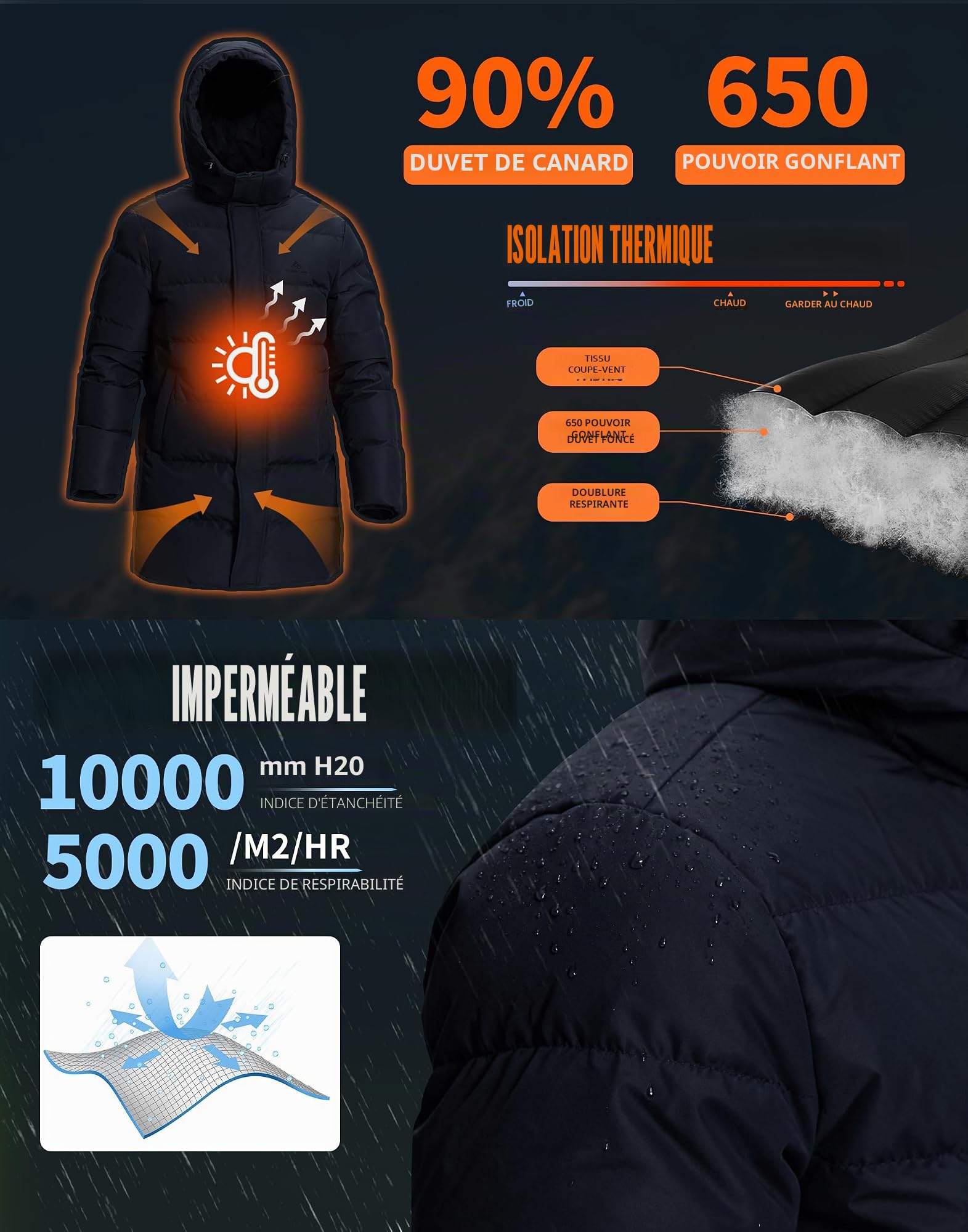 Pioneer Camp Manteau Long Homme en Duvet Parka d'Hiver Chaud à Capuche - Doudoune Matelassée pour Extérieur