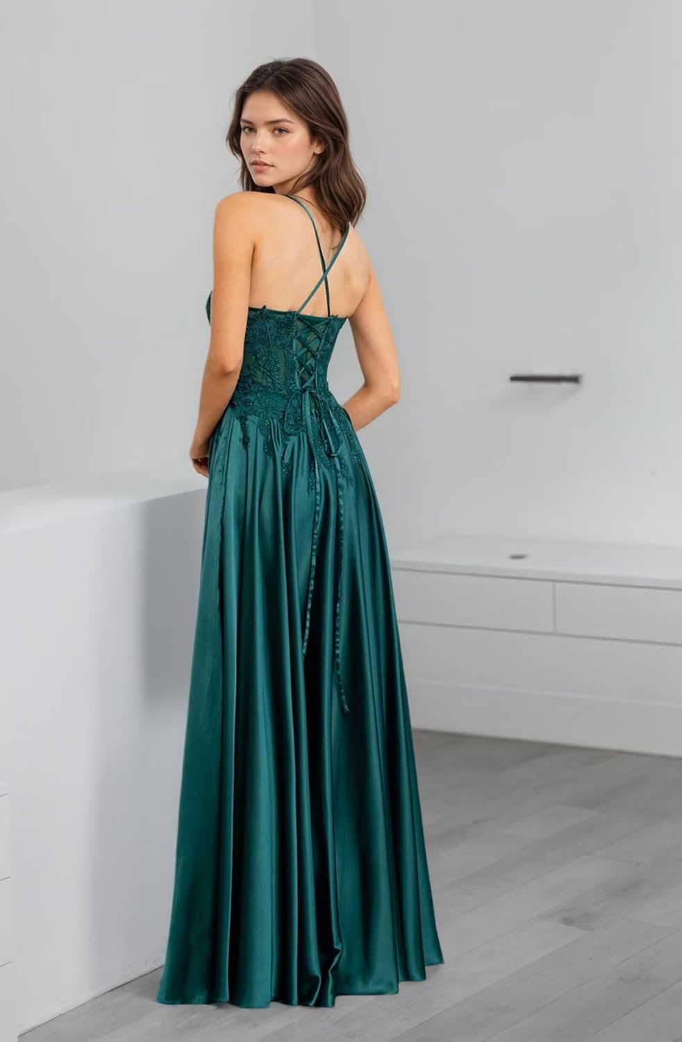 Lace Appliques Prom Dress for Women Spaghetti Straps Satin Beaded Formal Dress Long A-Line Evening Party Ball Gown