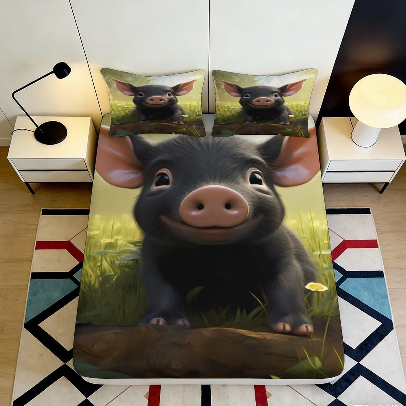 Jqzkxnhpbr Style-7 3D Printed Cute Black Pig Fitted Sheet Microfiber Soft Anti-Slip Farm Animal Bed Cover For Bedroom Dorm Decor 90X200x25cm