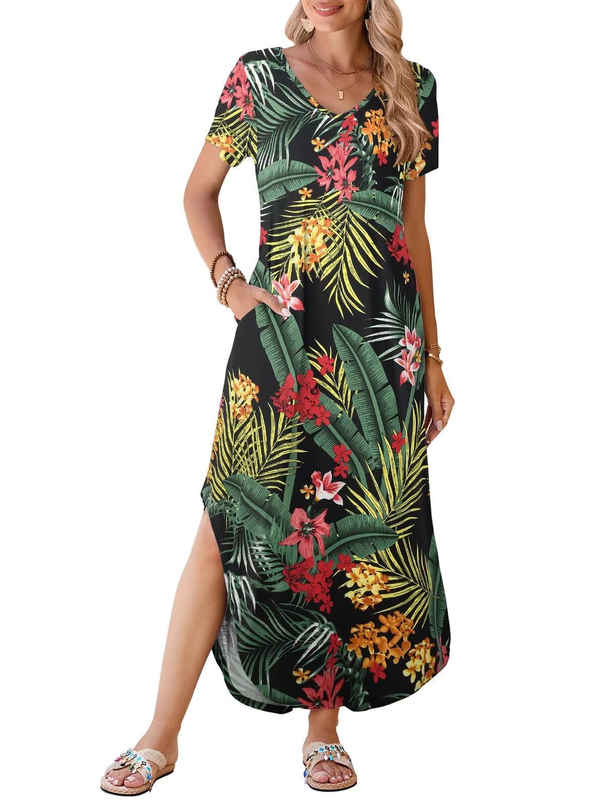 BELAROI Womens Plus Size Maxi Dresses Summer T Shirt Dress Casual V Neck Short Sleeve Long Dress Loose Fit Pockets Split