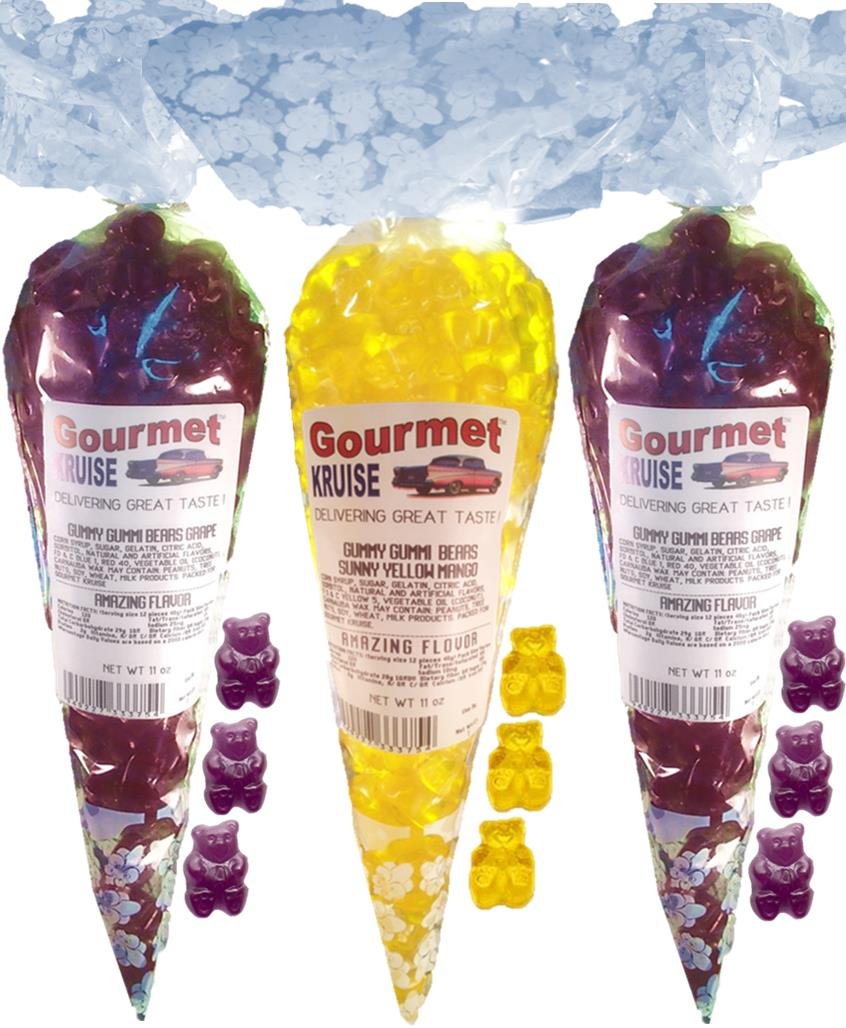 Purple Gummy Bears (2) Grape (1) Sunny Yellow Mango Gummi