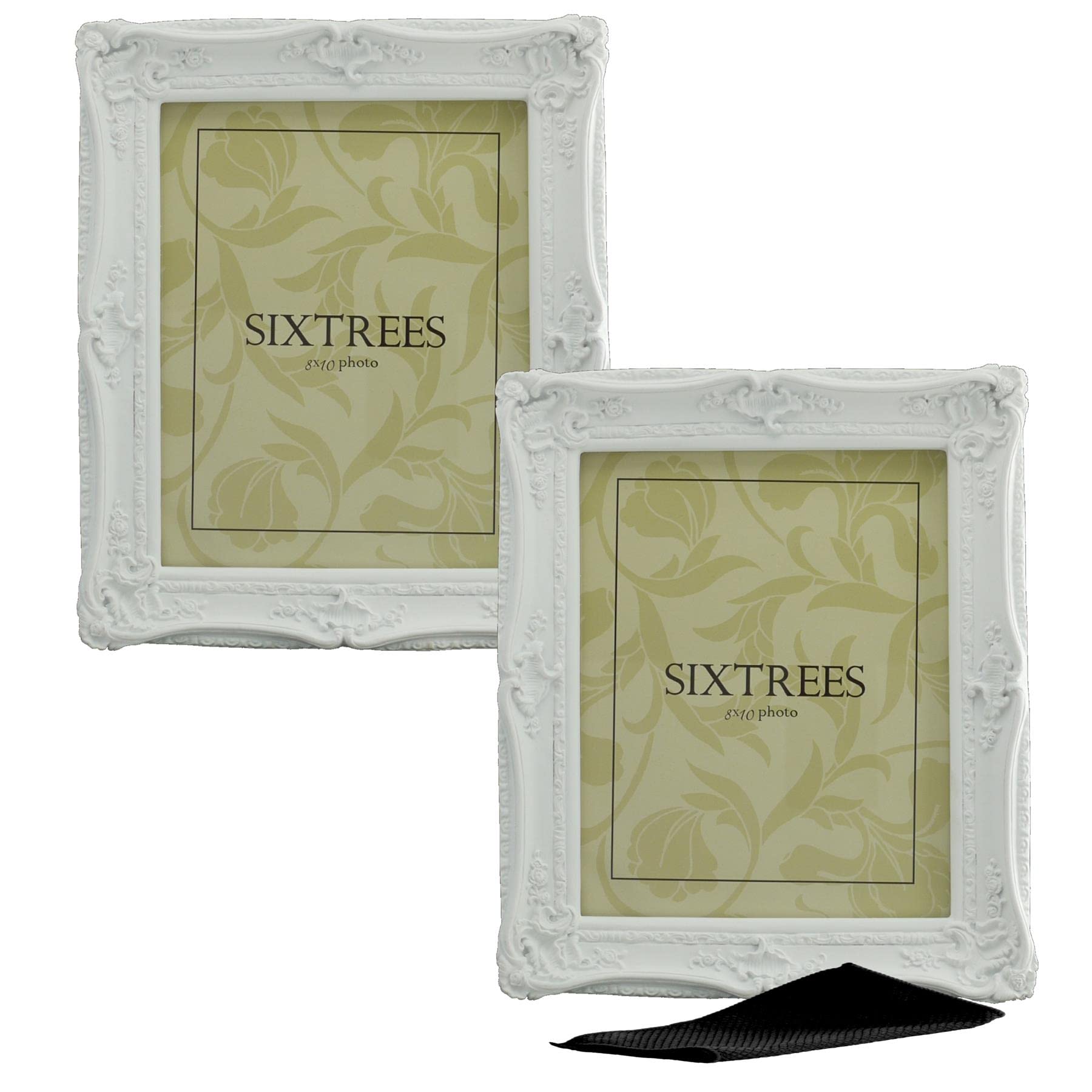 A Twinpack of Sixtrees Chelsea 5-254-80 Ornate Vintage Swept Shabby Chic White 10x8 inch Photo frames - with Microfibre glass cleaning cloth.