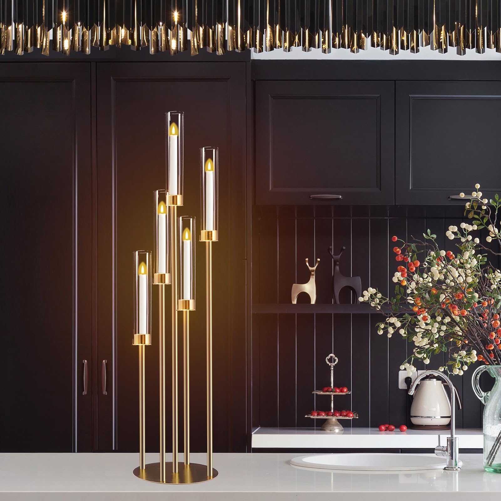 Candelabra Gold Centerpiece 5 Arms Taper Candle Holder Gold Centerpiece with Acrylic Tubes for Table Decoration Wedding Event Party Aisle Stage Home Decor (1, M)