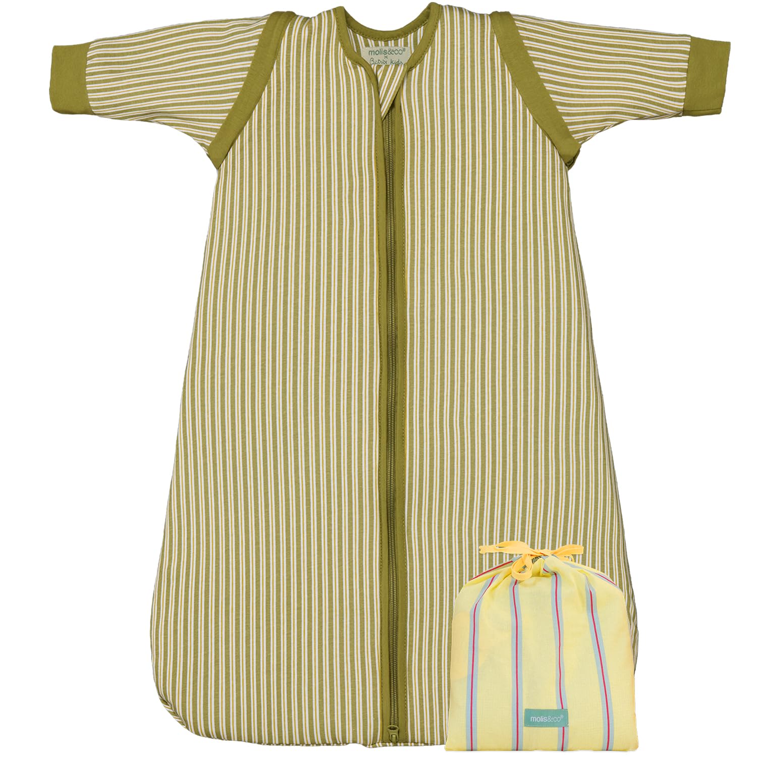 molis&co - Saco de Dormir para bebé 1.0 TOG con Mangas Desmontables - (0-6 Meses) - Ideal para Primavera y otoño - 100% algodón (Oeko-Tex 100) - Green Olive Stripes