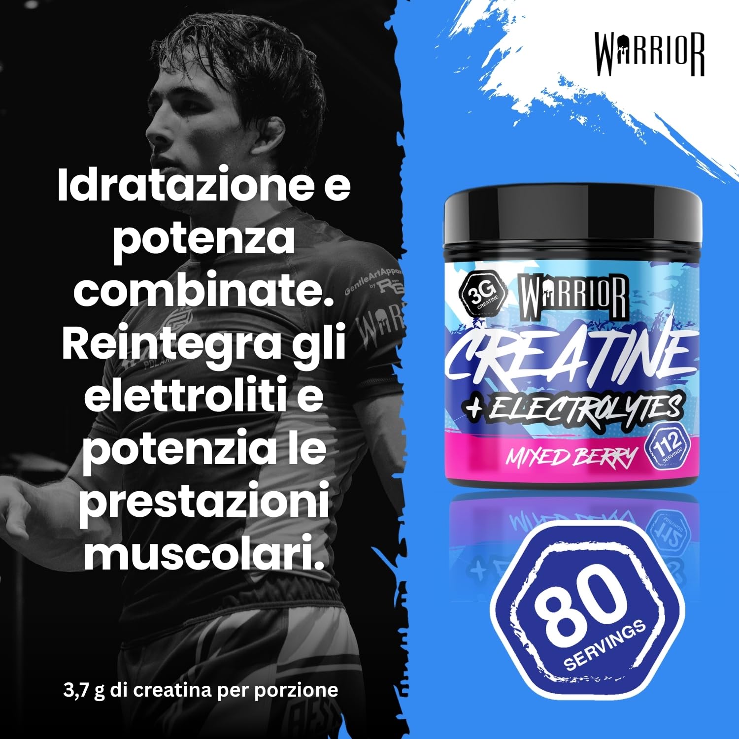 Warrior Creatina Monoidrata + Elettroliti Polvere 360 g, 80 Porzioni – Creatina in Polvere con Sali Minerali, Intra Workout per Massa, Idratazione e Sport, Senza Zucchero – Mix di Frutti di Bosco