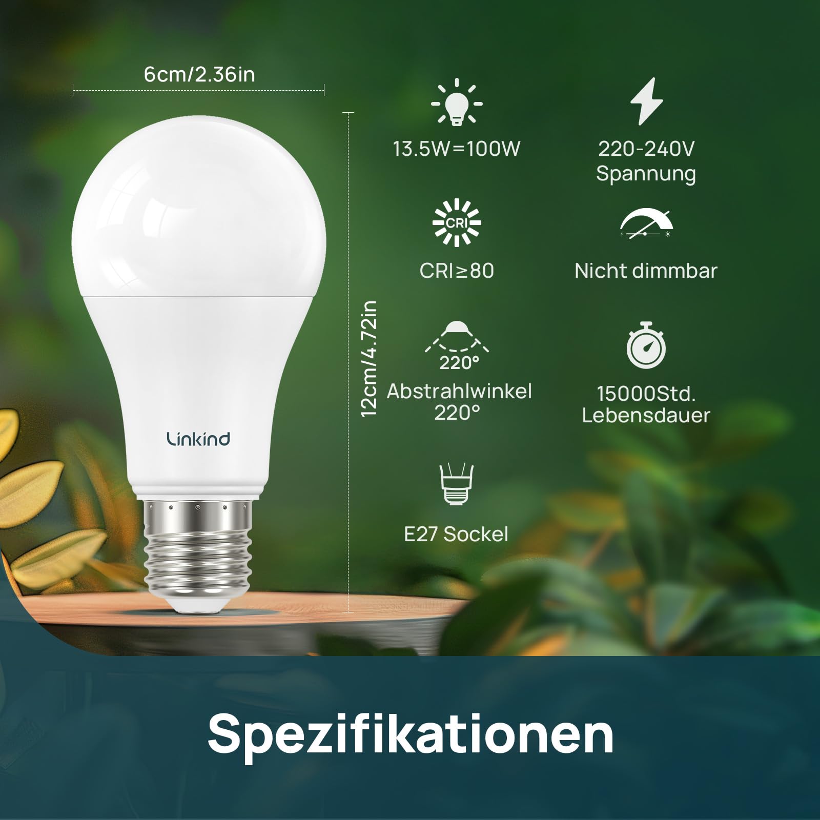 Linkind Extrem-helle LED Lampe E27, 13,5W (ersetzt 100W), 1521 Lumen, 2700K Warmweiß, A60 Edison-form, 220°, matt, 3 Stück – Ansicht 2
