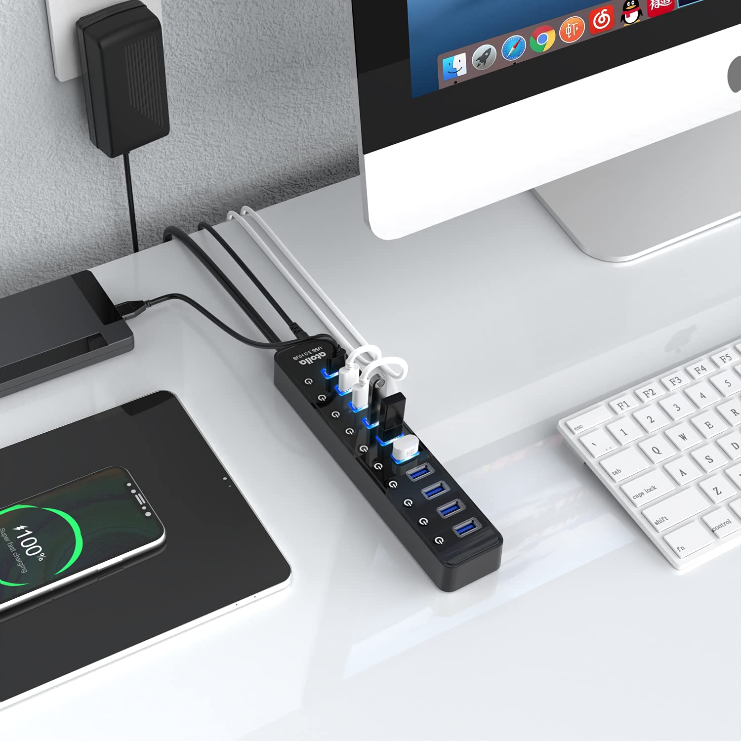 atolla Hub USB attivo 3.0 con alimentatore, 10 porte USB 3.0 Hub con alimentatore di rete da 30 W (12 V/2,5 A), adattatore multiplo USB 3.0 con pulsante di accensione/spegnimento per PC, chiavetta USB