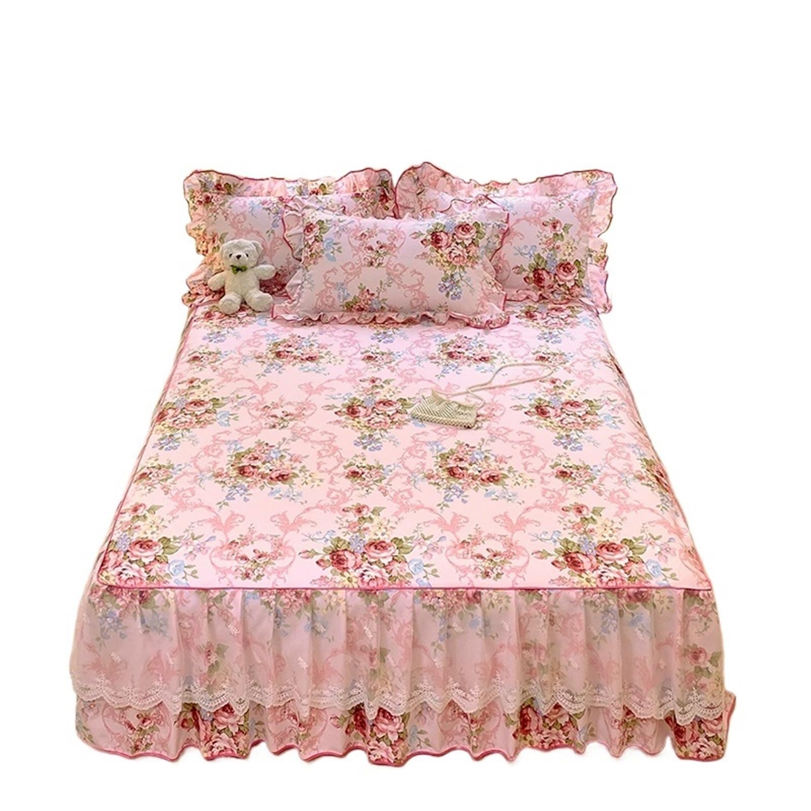 Ruffled Bedspread 1pc Bed Skirt Floral Style Bedspread Ruffles Cover Single/Queen/King Size Mattress Protector (No Pillowcase)(Color-03,King 180x200cm 1pc)