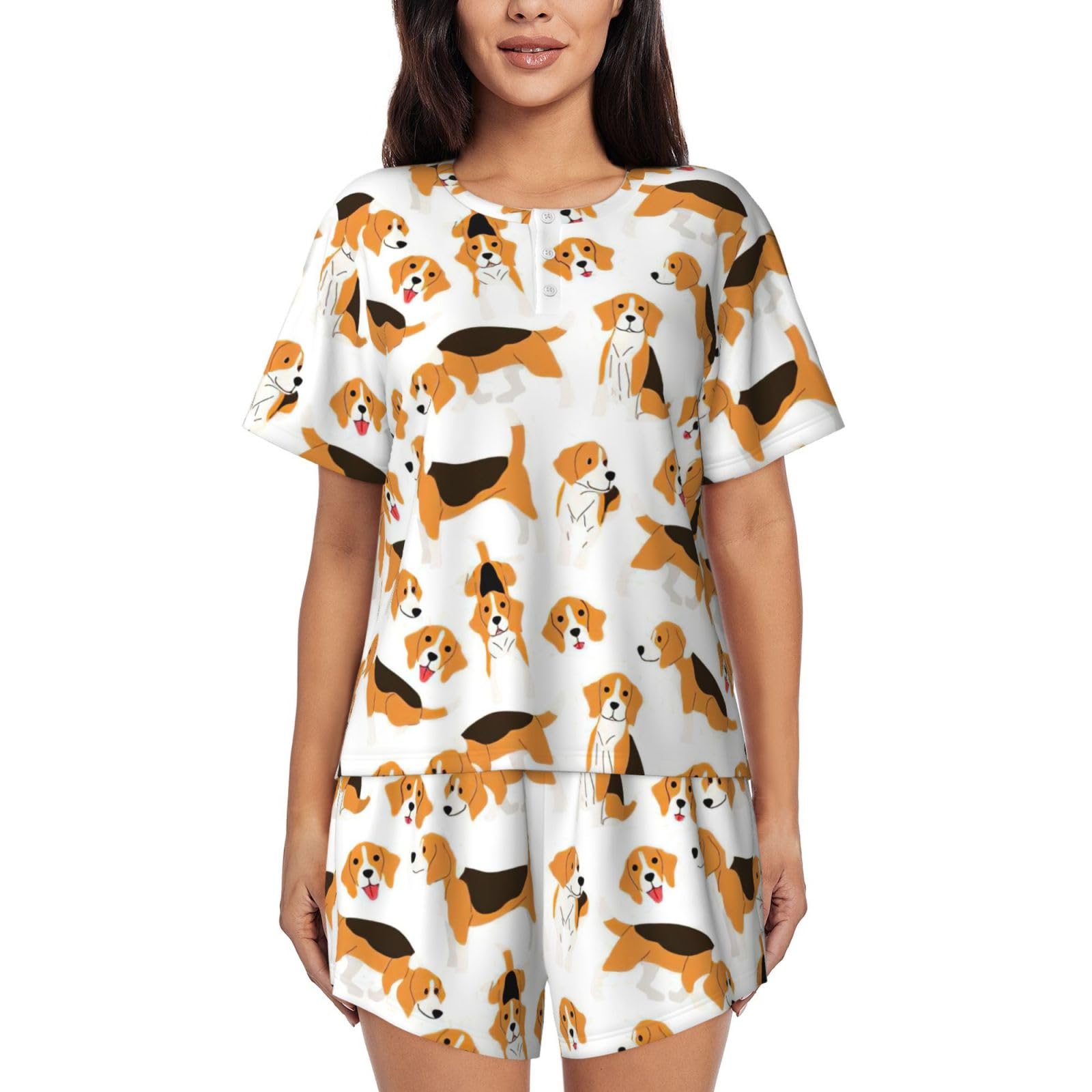 Wurton Women's Black Beagle Dog Pajamas Sets Shorts 2 Piece Short Sleeve Lounge Sets Sleepwear Casual Pjs With Pockets, M