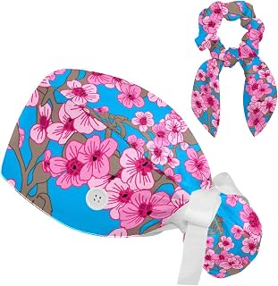 2 Pieces Surgical Cap for Long Hair Scrub Cap with Hairband Nurse Cap, Blossom Flowers Floral Tree Pattern