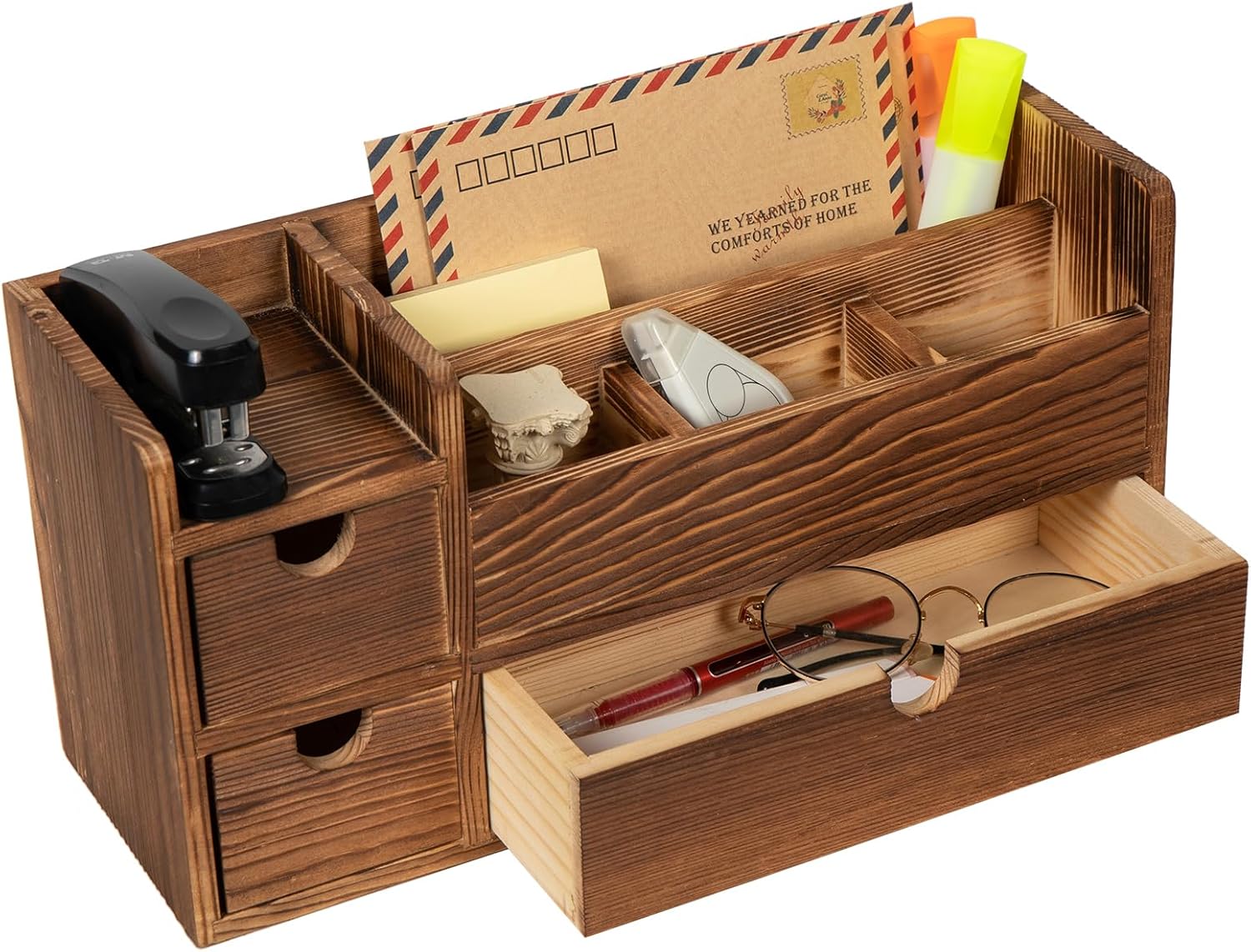 Deep Roast Wooden Desktop Organizer 3 Drawers Office Supplies Storage Caddy Box Stationery Pencil Mail Holder Note Pads Makeup Tools Cosmetics Dark Brown