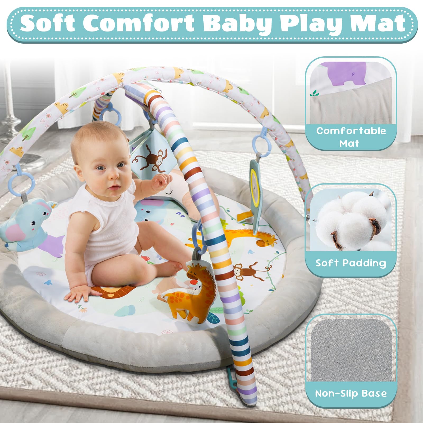Tapis de jeu de bébé, Gymnase de jeu de bébé, Tapis de jeu en peluche avec 6 jouets et Coussin de lune, Gymnase de bébé de conception de Zoo détachable pliable pour les bébés âgés de 0 à 18 mois.