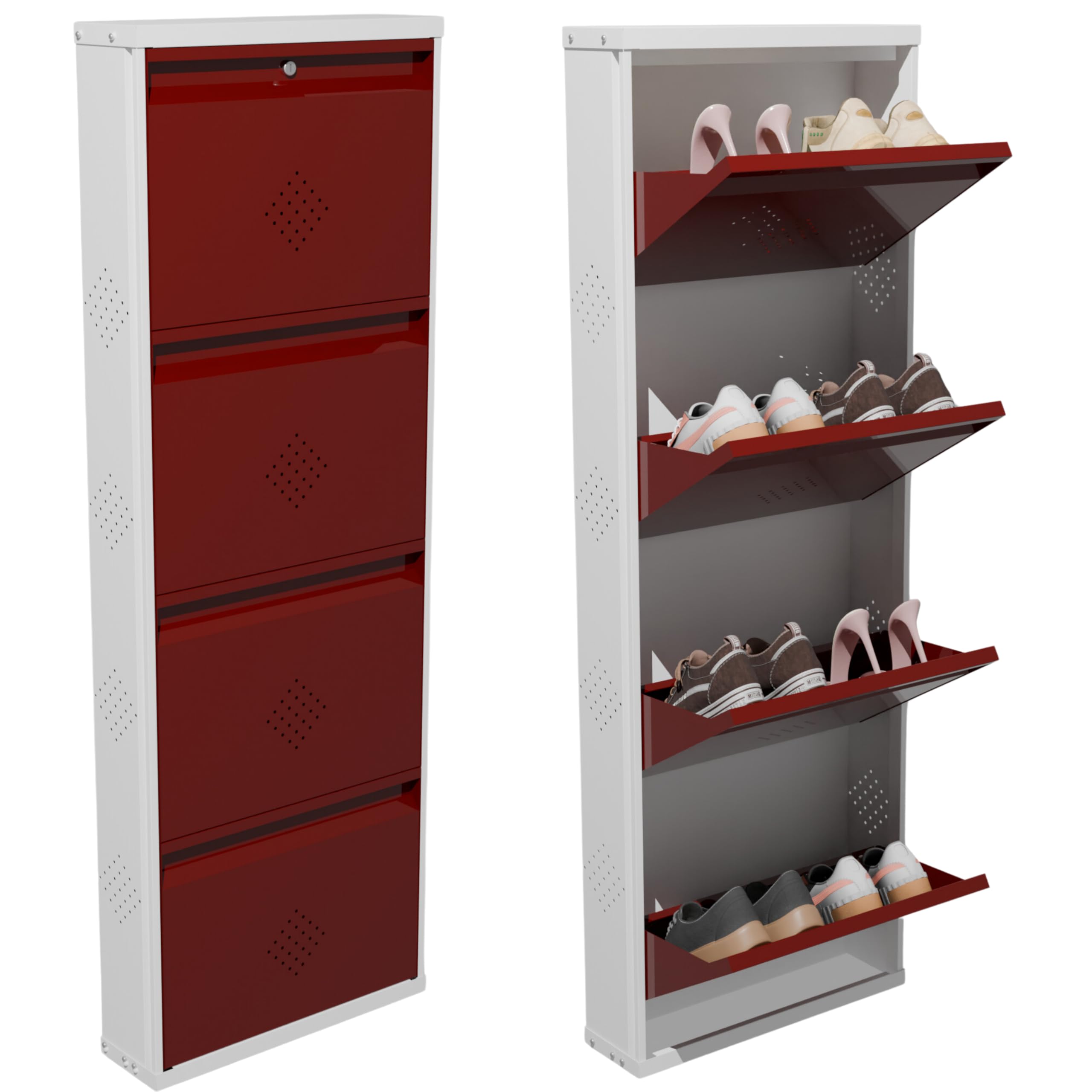 KRUGER 4 Door Metal Shoe Rack 58 X 20 X 5.5 inch 8 to 12 Shoe-Pairs Capacity Wall Mountable/Freestanding Centralised Locking Ready-to-Use Glossy Finish Colour: Cream & Maroon-image-43