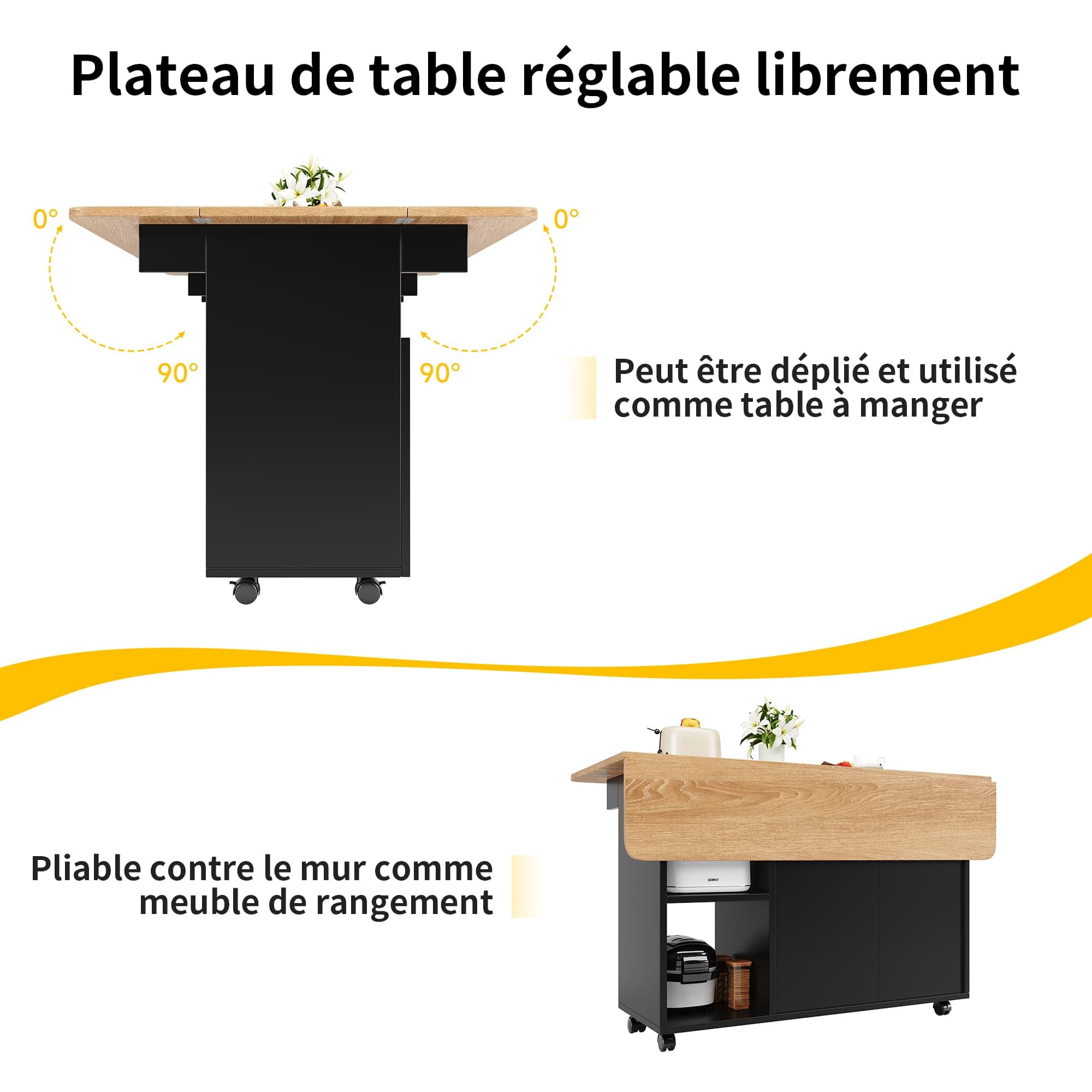 Sweiko Îlot de Cuisine Multifonction avec Rangement, Meuble de Rangement Design en MDF, Étagères Ouvertes et Placards Fermés, Mobilité avec roulettes pour Salon, Cuisine ou Salle à Manger (Noir+Bois)