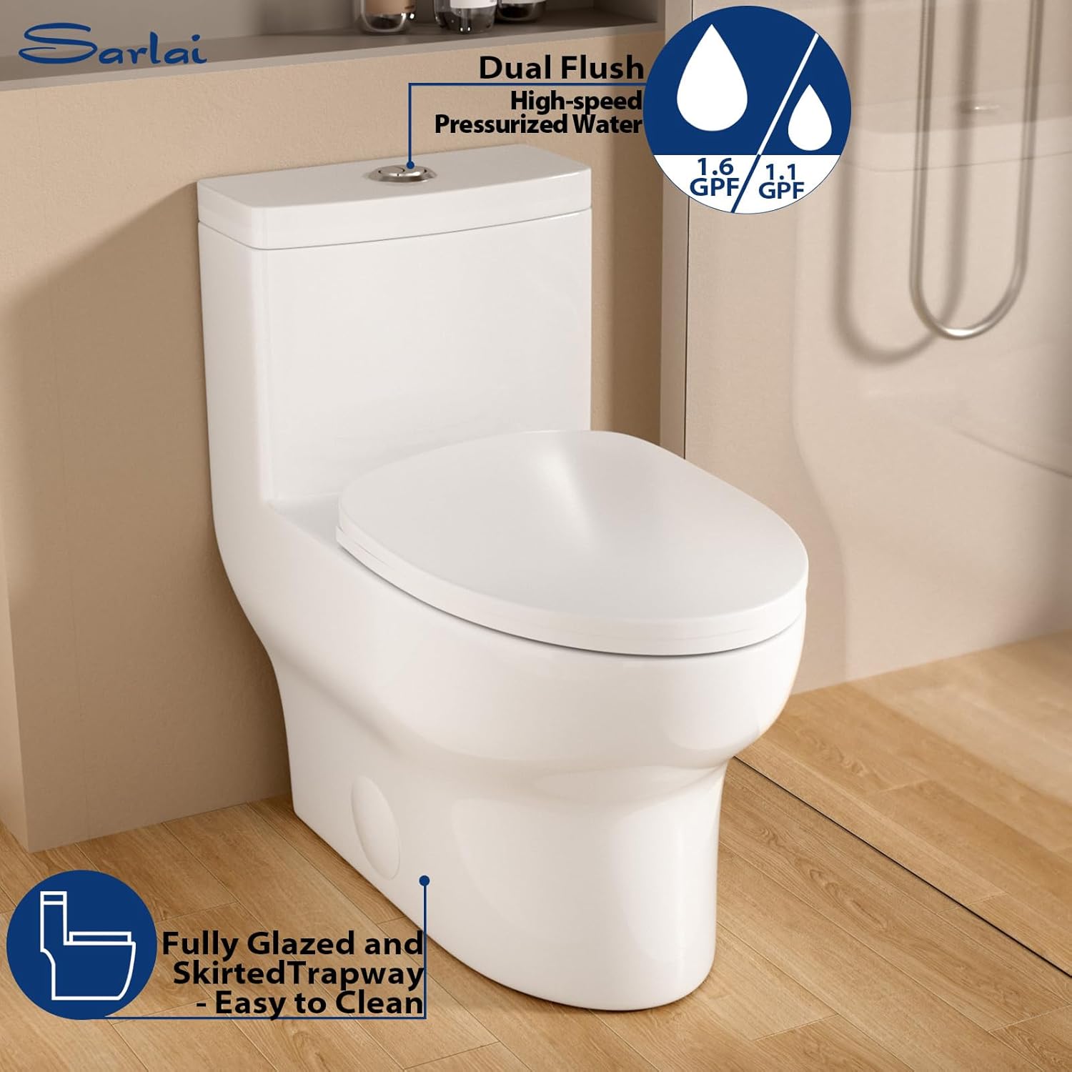 Sarlai One Piece Toilet - Tall Elongated Bathroom Toilet Comfort Height Dual Flush White Ceramic Modern Small Bathroom One Piece Toilet with Soft Seat, 12" Rough - In, Wax Ring Included