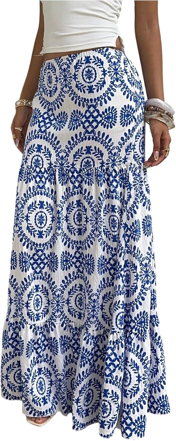 Milumia Women's Boho Printed Long Skirt Low Waist Flowy Maxi Skirts Summer Vacation