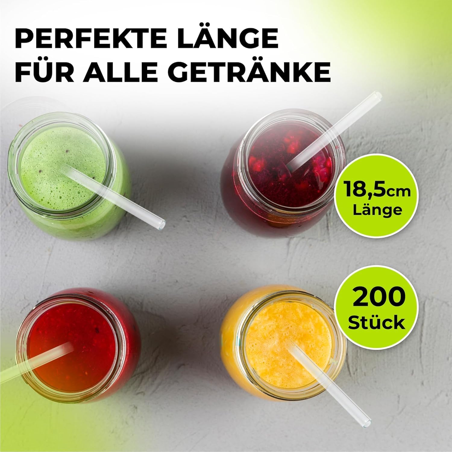 MJW Glasstrohhalme 18,5 cm – 200 Stück wiederverwendbare, robuste Trinkhalme aus Glas für die Gastronomie, umweltfreundlich und spülmaschinenfest