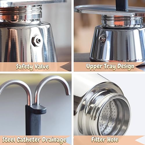 Miniatura 4 de VINGVO Moka - Cafetera de 2 tazas de 3.4 fl oz, mini cafetera de doble cabeza, cafetera portátil de acero inoxidable, cafetera eléctrica italiana
