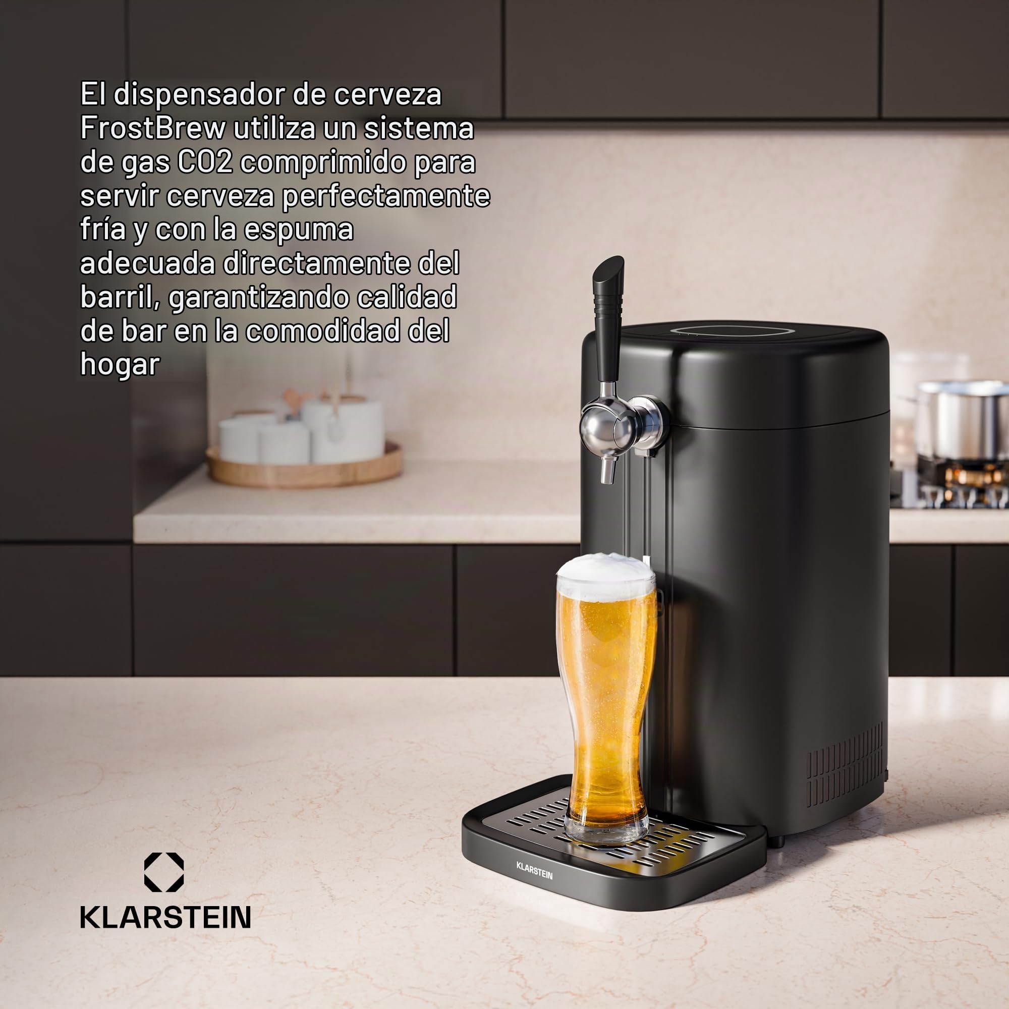 Klarstein FrostBrew Dispensador de Cerveza 5L - Sistema de Presión de CO₂, Refrigeración Termoeléctrica, Control de Temperatura 3-12°C, Barril Universal, Negro/Dorado