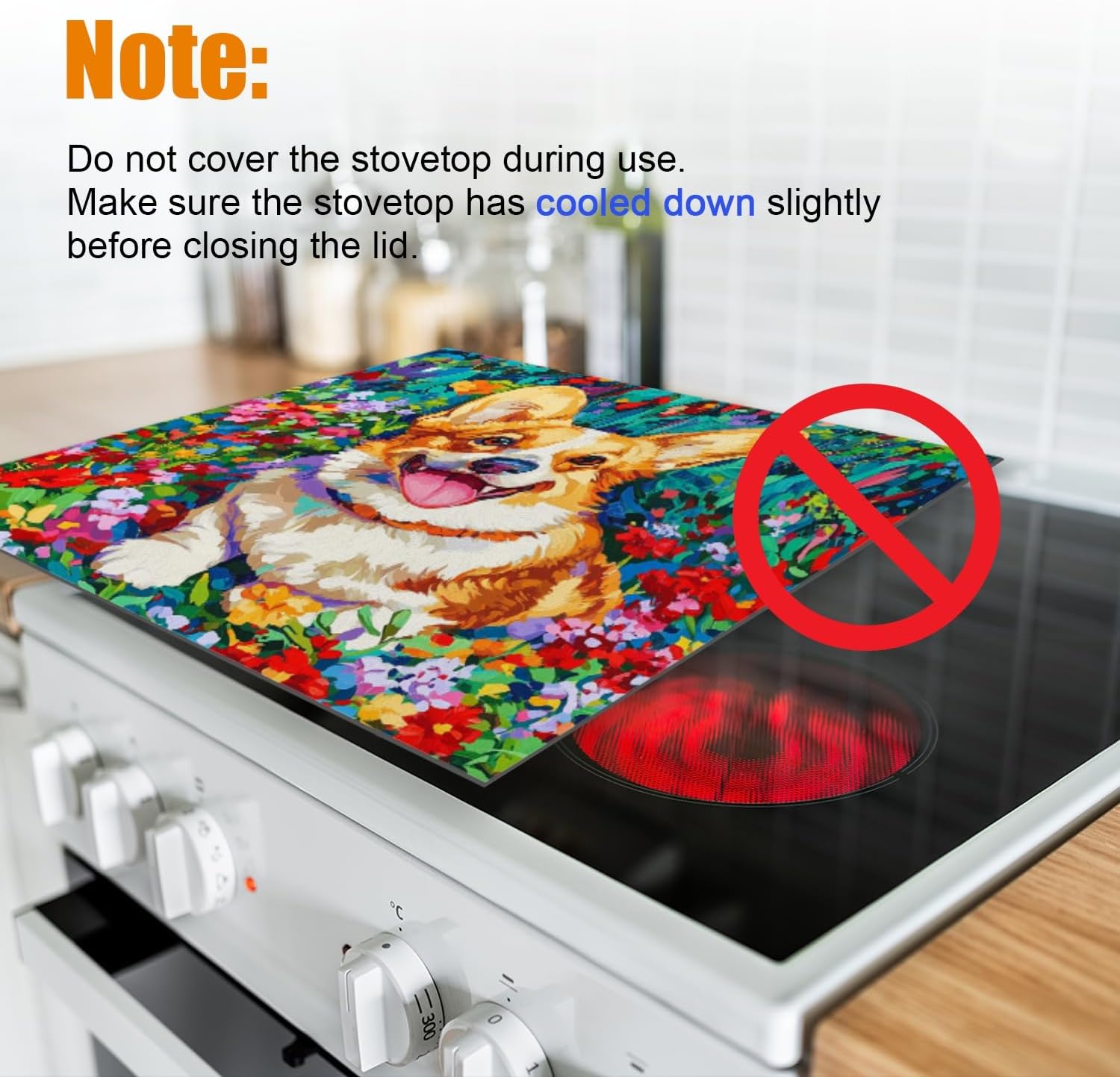 Silicone Stove Mat for Glass Top Stove, Smiling Corgi Lying In Flower Garden Electric Stove Cover Mat, 28 x 20 Inch Heat - Resistant Gas Gtove Burner Covers Glass Stove Top Protector