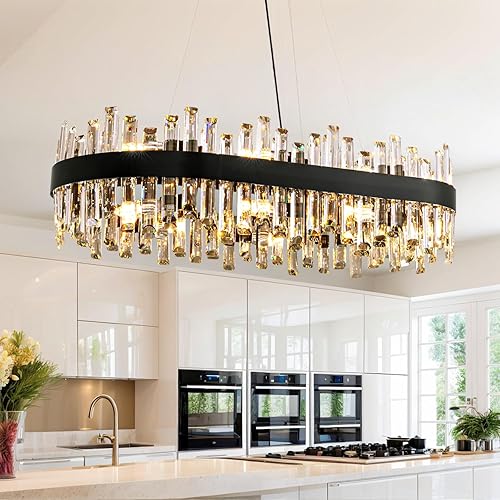 Miniatura 32 de Siljoy Candelabro moderno de cristal de 12 luces de oro cepillado de 2 niveles con forma de gota de lluvia de cristal, ajustable, montaje al ras