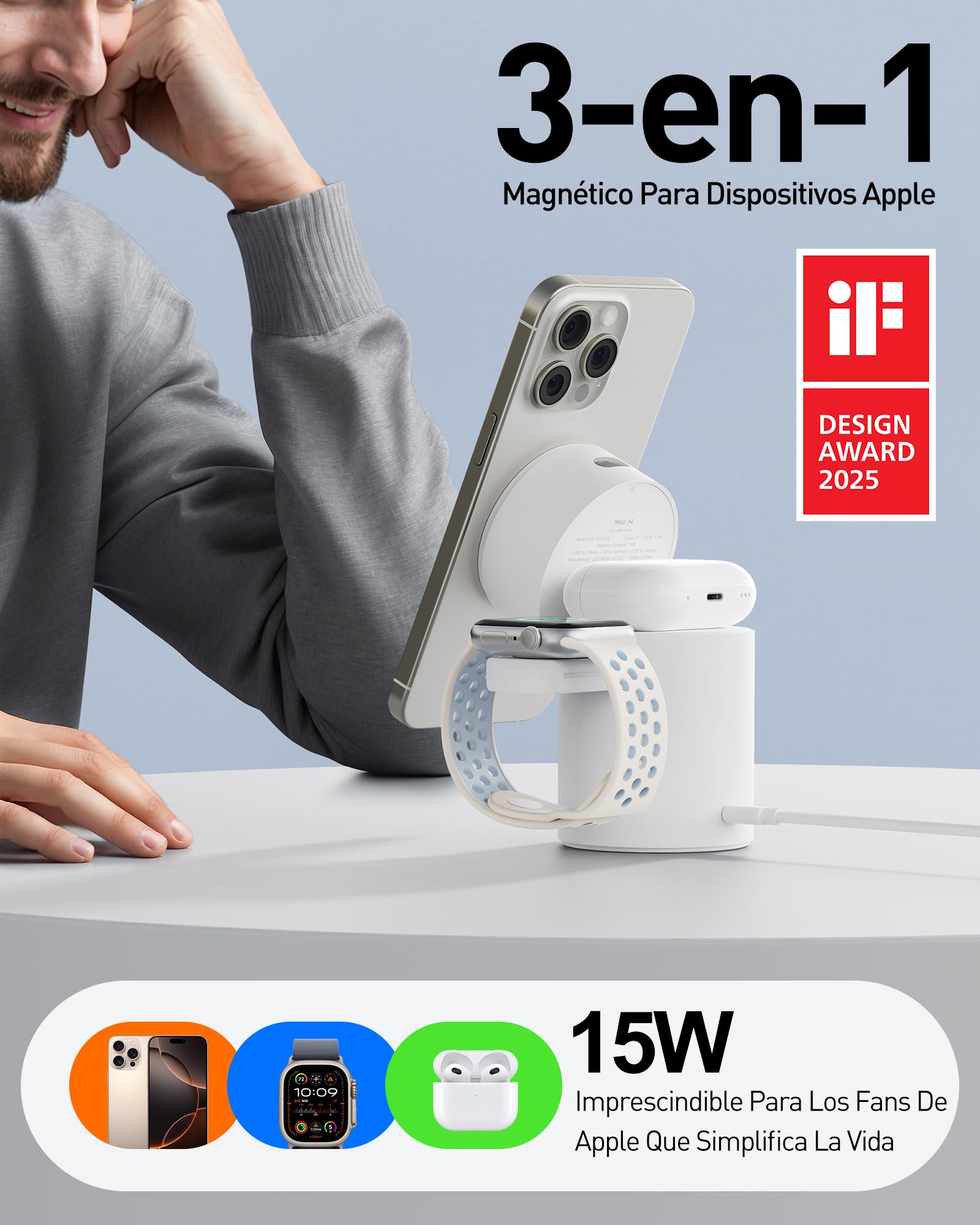 iWALK 3 En 1 Soporte De Carga Inalámbrica con Rotación Automática, Estación De Carga con Imán, 15W Estación De Carga Inalámbrica Plegable para iPhone 17 16 15 14 13 12 & Apple Watch & Airpods