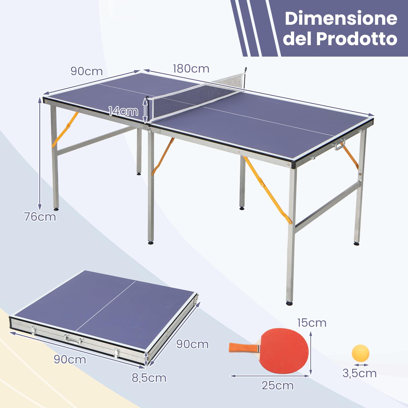GYMAX Set Tavolo da Ping Pong Completo, Gioco da Ping Pong Pieghevole con Rete, 2 Racchette, 3 Palline, Maniglia Portatile, Tavolo da Ping Pong da Interni ed Esterni, Blu