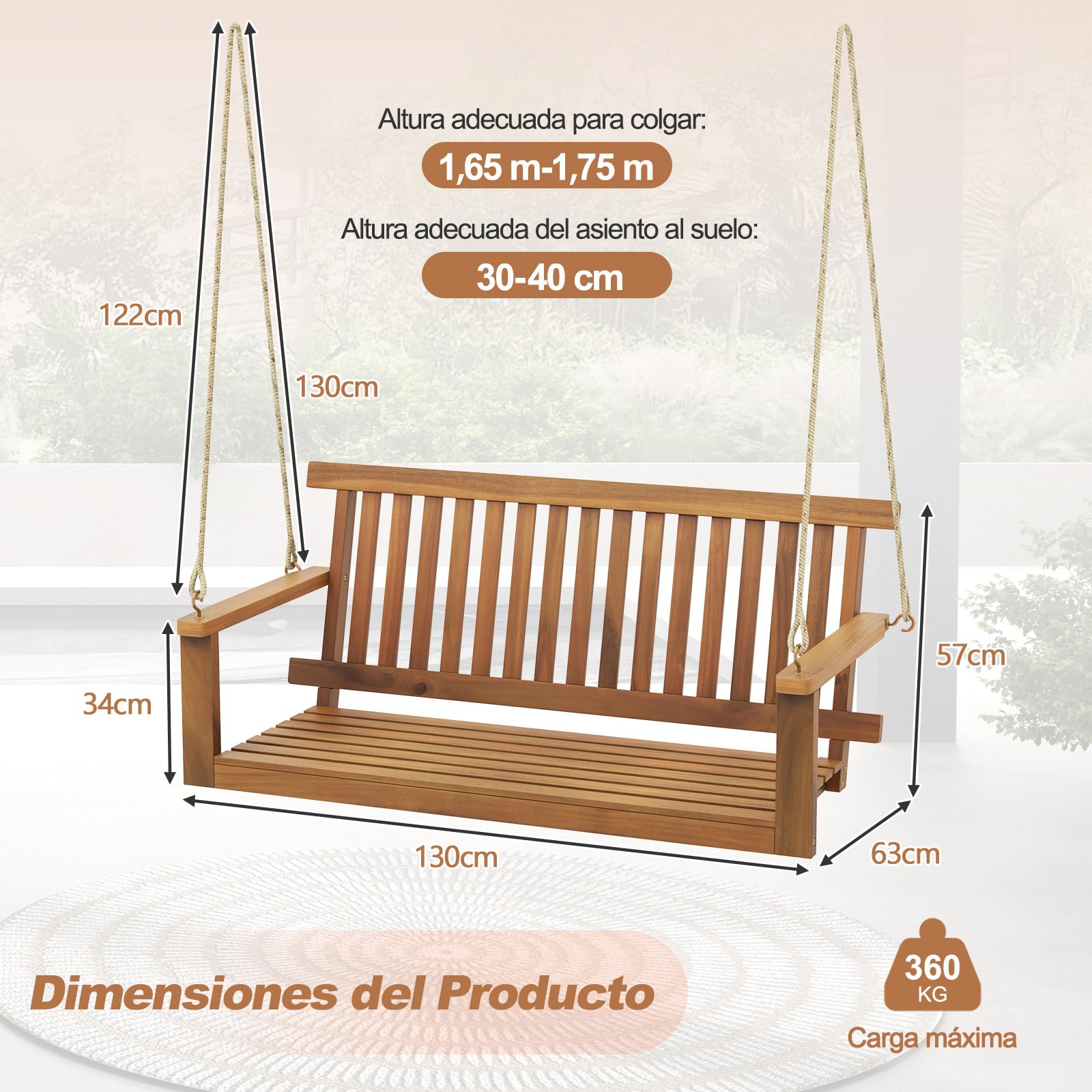 COSTWAY Banco Columpio Madera Acacia Exterior, 2 Plazas, Banco Balancin Jardin Exterior, Carga 360kg, Apoyabrazos y Respaldo, Columpio Jardin Exterior Patio Balcón