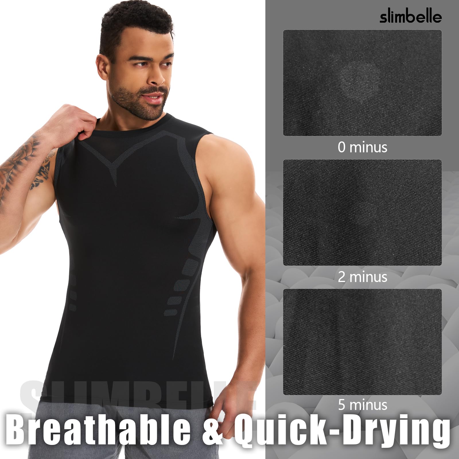 SLIMBELLE Pack de 2 camisetas de compresión para hombre, sin mangas, con cuello redondo