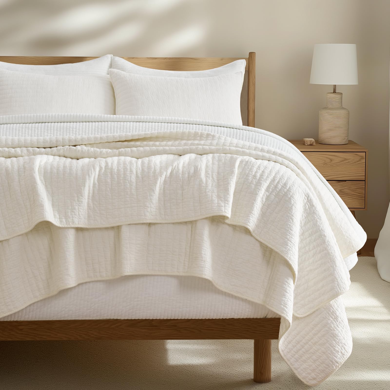 EVERGRACE Ultra Soft Oversized Cross Stitch Cotton Quilt Bedding Set King Size, 3 Pieces Lightweight Bedspread Coverlet for All Season, with 2 Matching Shams, Ivory White, 108"x96"