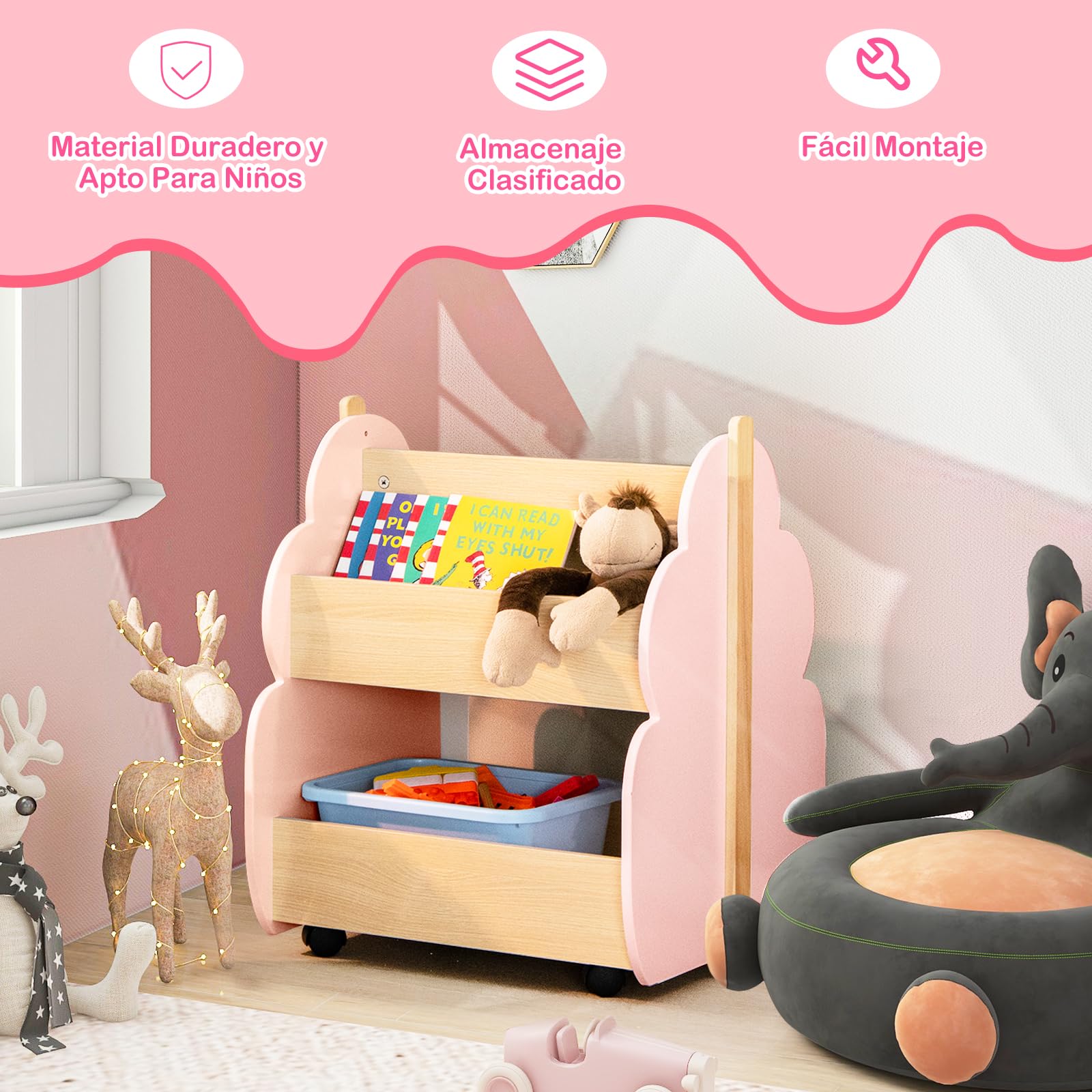 COSTWAY Estantería Infantil de Madera con Ruedas, Librería para Niños de 2 Niveles, Estantería para Juguetes, Multifuncional Organizador de Libros para Salon, Dormitorio de los Niños (Rosa)