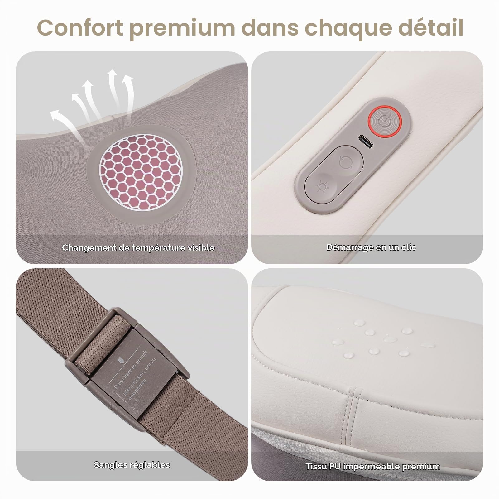 Appareil de Massage Cervicales et Dos 5D Shiatsu Sans Fil, Masseur Cou et Épaules avec Chaleur, 3 Modes, Mains Libres, Cuir PU, Recharge Type-C, Cadeau Bien-Être Homme Femme