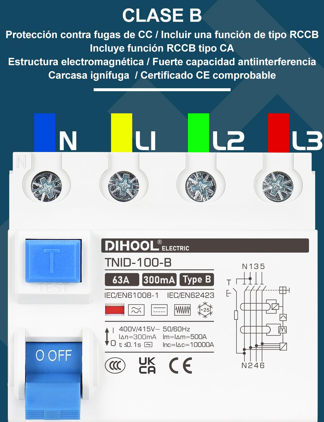 DIHOOL RCD Type B Disjoncteur de courant résiduel DIN Rail 4 pôles 63A 300mA