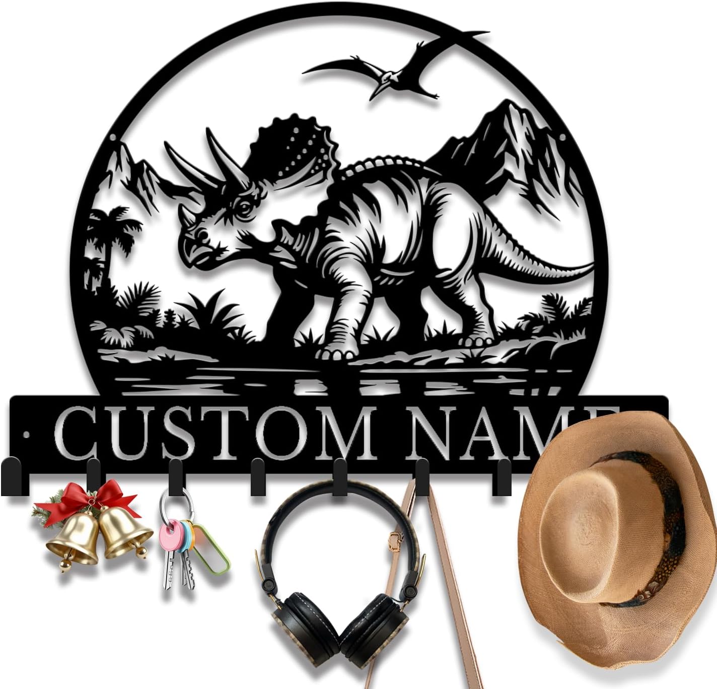 Personalized Dinosaur Metal Coat Rack, Custom Kids' Wall Organizer, Dino-Themed Key & Backpack Hooks, Nursery Decor, Jurassic Room Gift (Style-7)