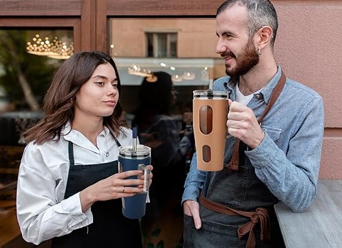 Miniatura 7 de Zenbo Vasos de vidrio motivacionales de 40 onzas taza de café helado reutilizable con 2 tapas, popote y asa, taza de batido con funda de silicona,