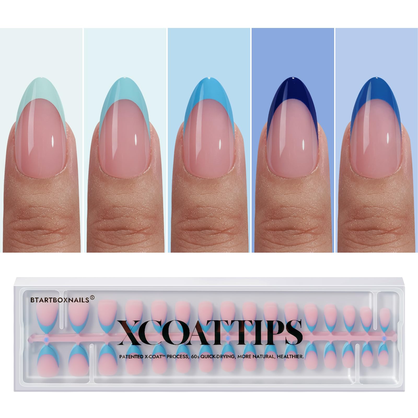 BTArtboxnails XCOATTIPS French Tip Press On Nails - Blue Press On Nails Short, Almond Fake Nail Tips, 160Pcs Soak Off Soft Gel Acrylic Pink Nail