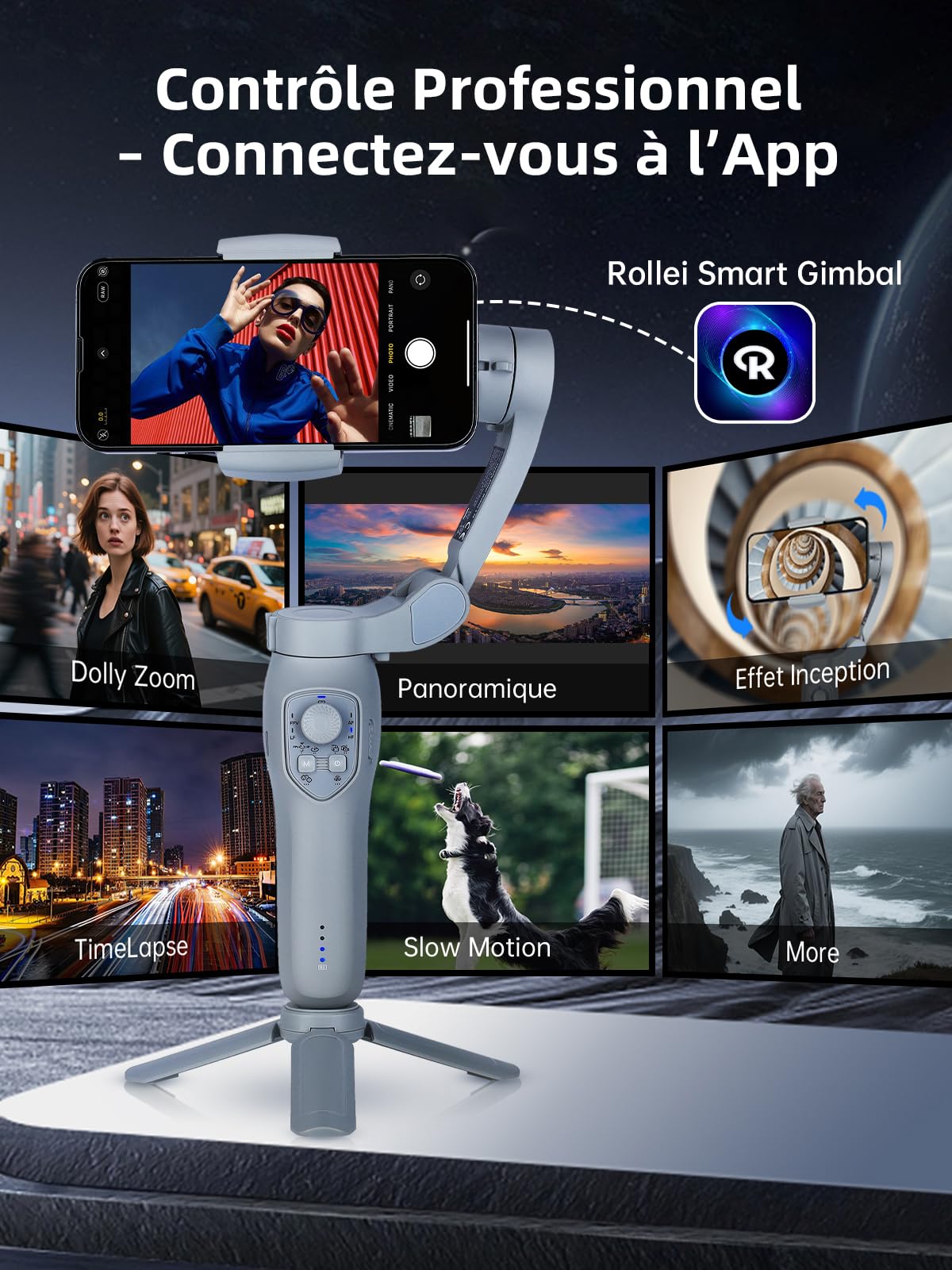 Rollei Steady Butler Mobile 3 SE Stabilisateur Smartphone 3 Axes, Mobile Gimbal Léger et Pliable Compatible avec iPhone 16/15/14/13/12 Pro Max et Android pour Vidéo TikTok Youtube Instagram